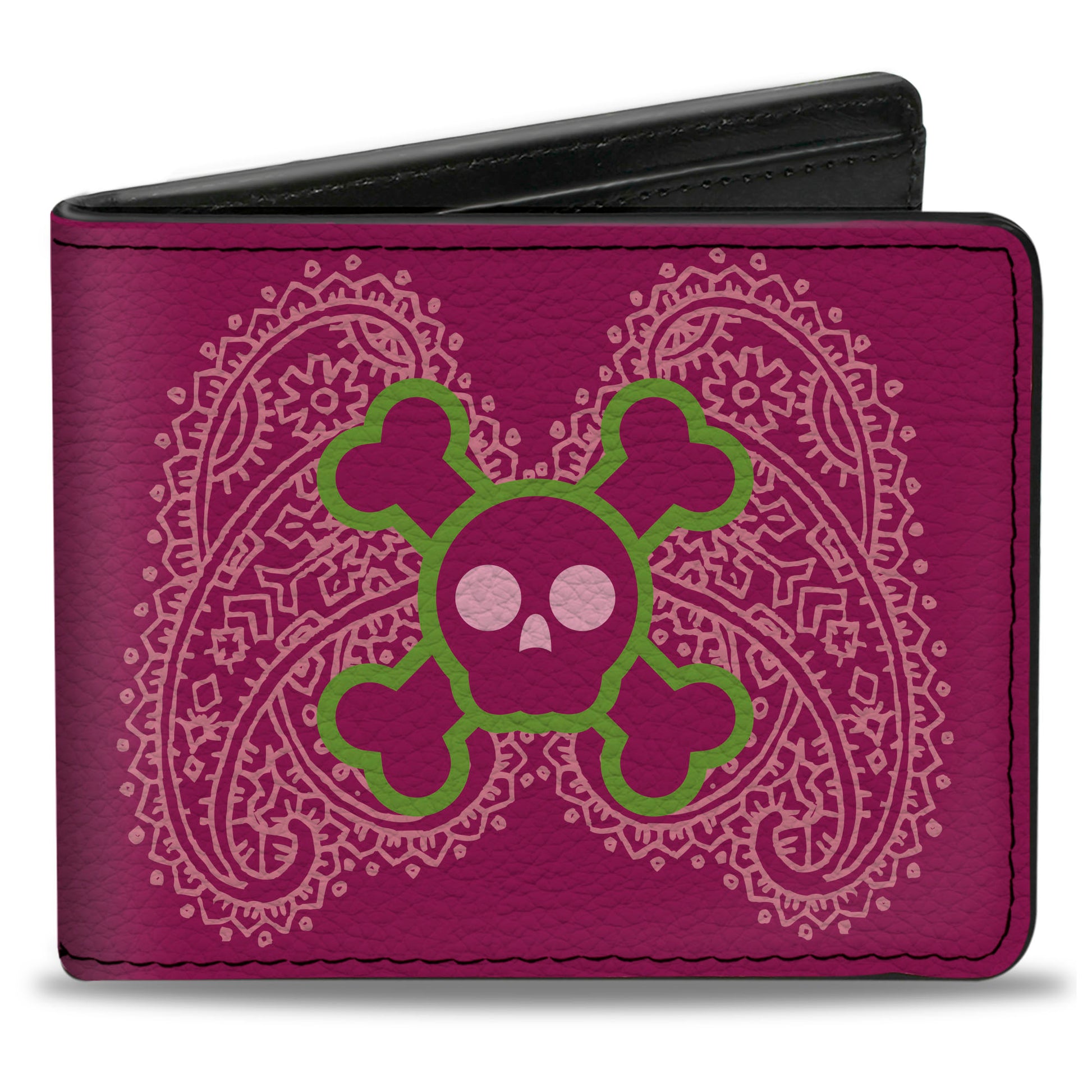 buckle down Bi-Fold Wallet - Cute Skulls w Paisley Purple Pink Green