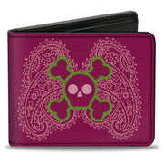 Bi-Fold Wallet - Cute Skulls w Paisley Purple Pink Green Bi-Fold Wallets Buckle-Down