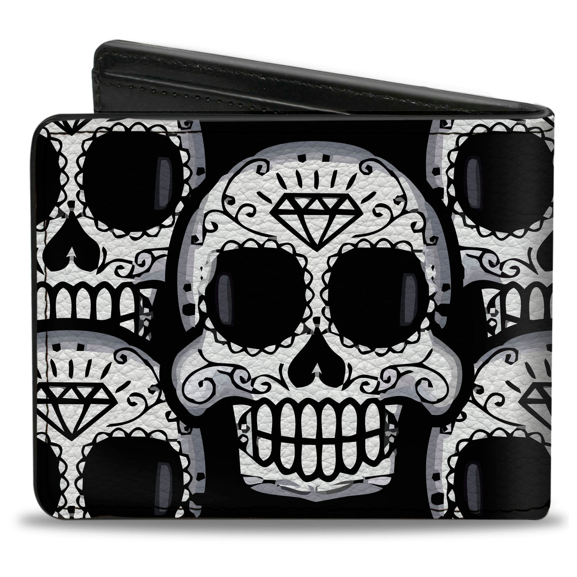 Bi-Fold Wallet - Cartoon Sugar Skulls Stacked Black White Bi-Fold Wallets Buckle-Down