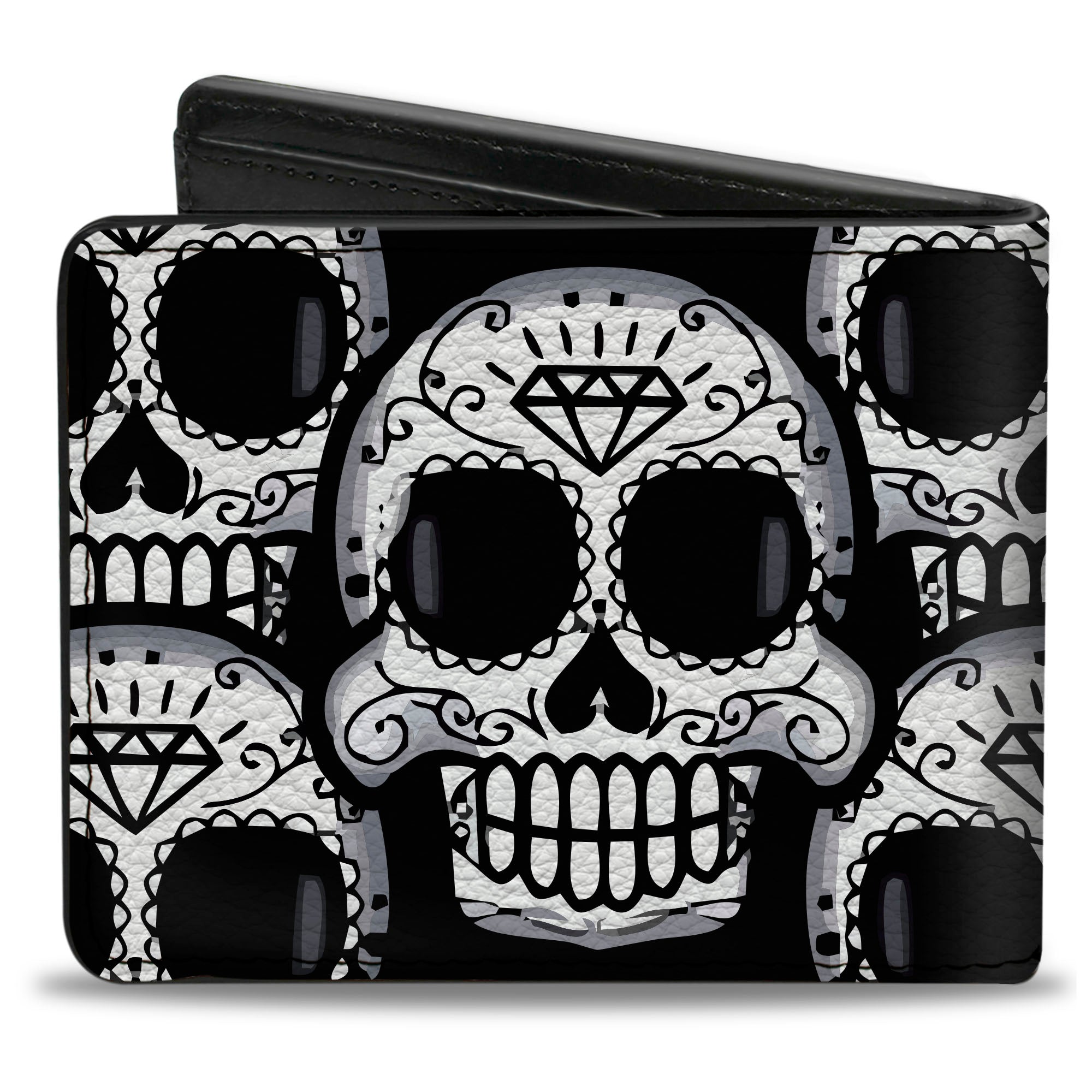 Bi-Fold Wallet - Cartoon Sugar Skulls Stacked Black White Bi-Fold Wallets Buckle-Down