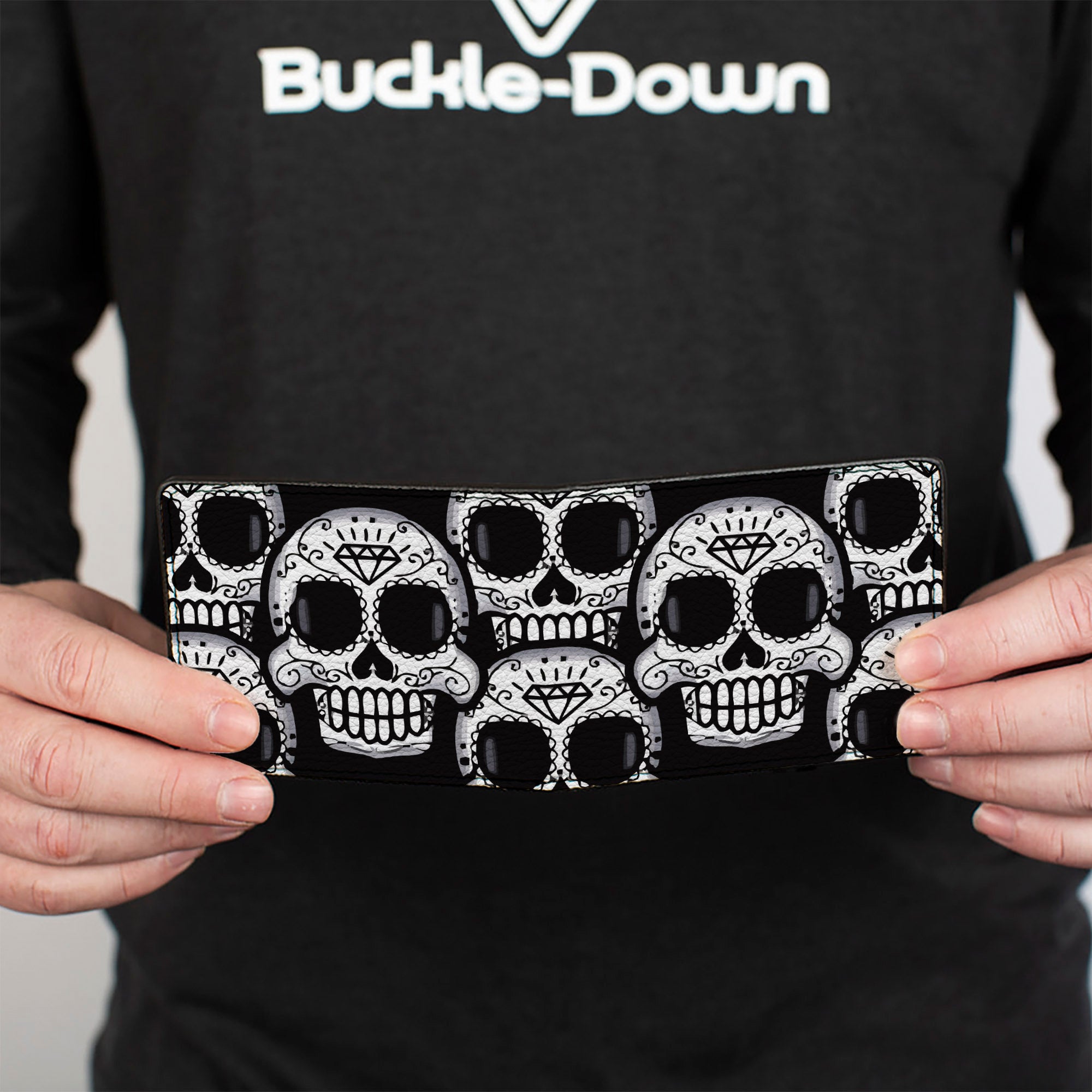 Bi-Fold Wallet - Cartoon Sugar Skulls Stacked Black White Bi-Fold Wallets Buckle-Down