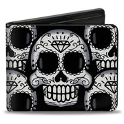 Bi-Fold Wallet - Cartoon Sugar Skulls Stacked Black White Bi-Fold Wallets Buckle-Down