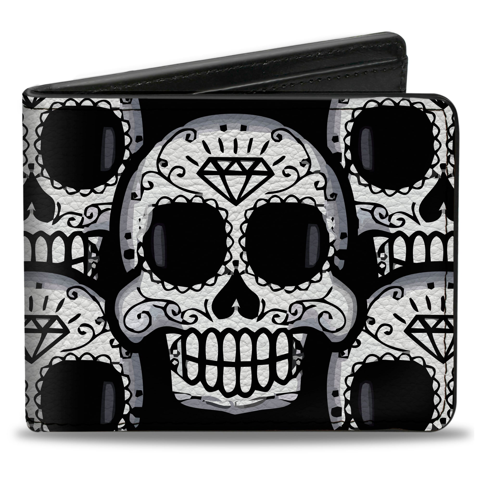 Bi-Fold Wallet - Cartoon Sugar Skulls Stacked Black White Bi-Fold Wallets Buckle-Down