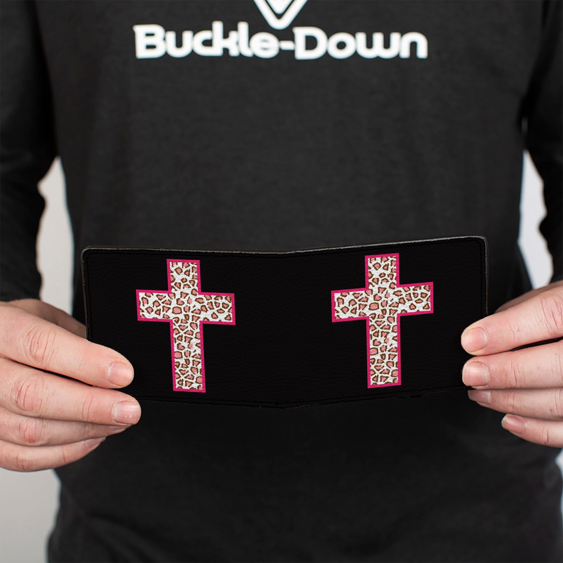 Bi-Fold Wallet - Cross Repeat Black Leopard Brown Pink Outline Bi-Fold Wallets Buckle-Down