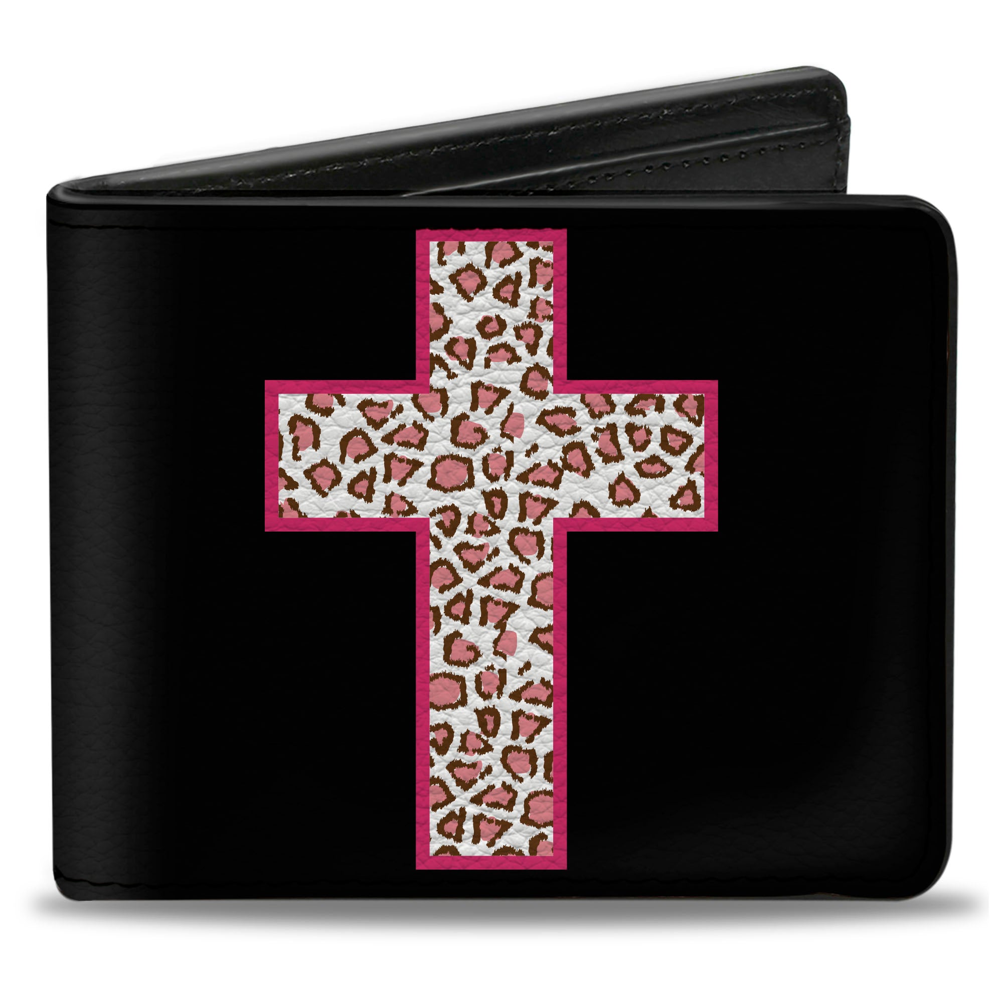 Bi-Fold Wallet - Cross Repeat Black Leopard Brown Pink Outline Bi-Fold Wallets Buckle-Down