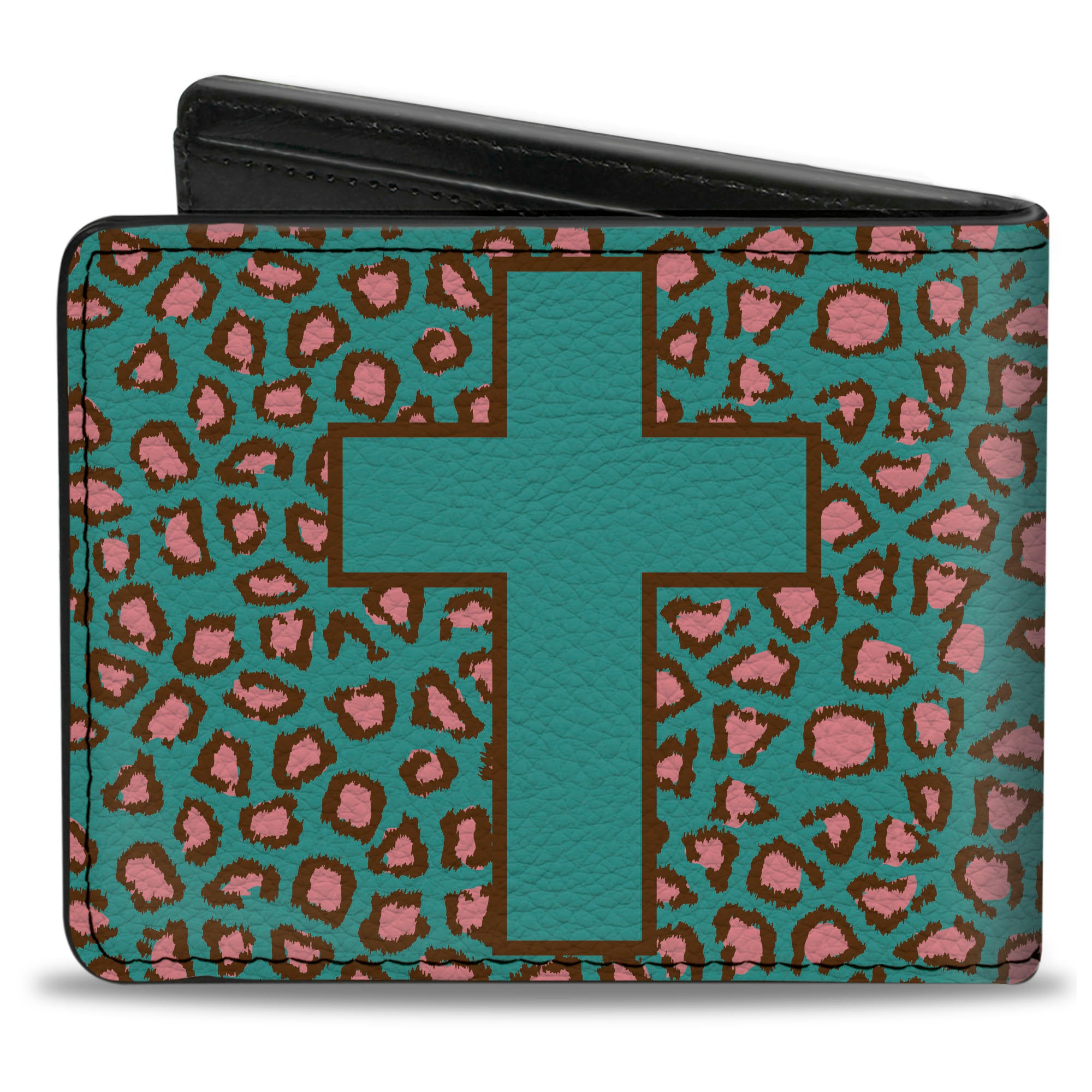 Bi-Fold Wallet - Cross Repeat Leopard Turquoise Pink Bi-Fold Wallets Buckle-Down