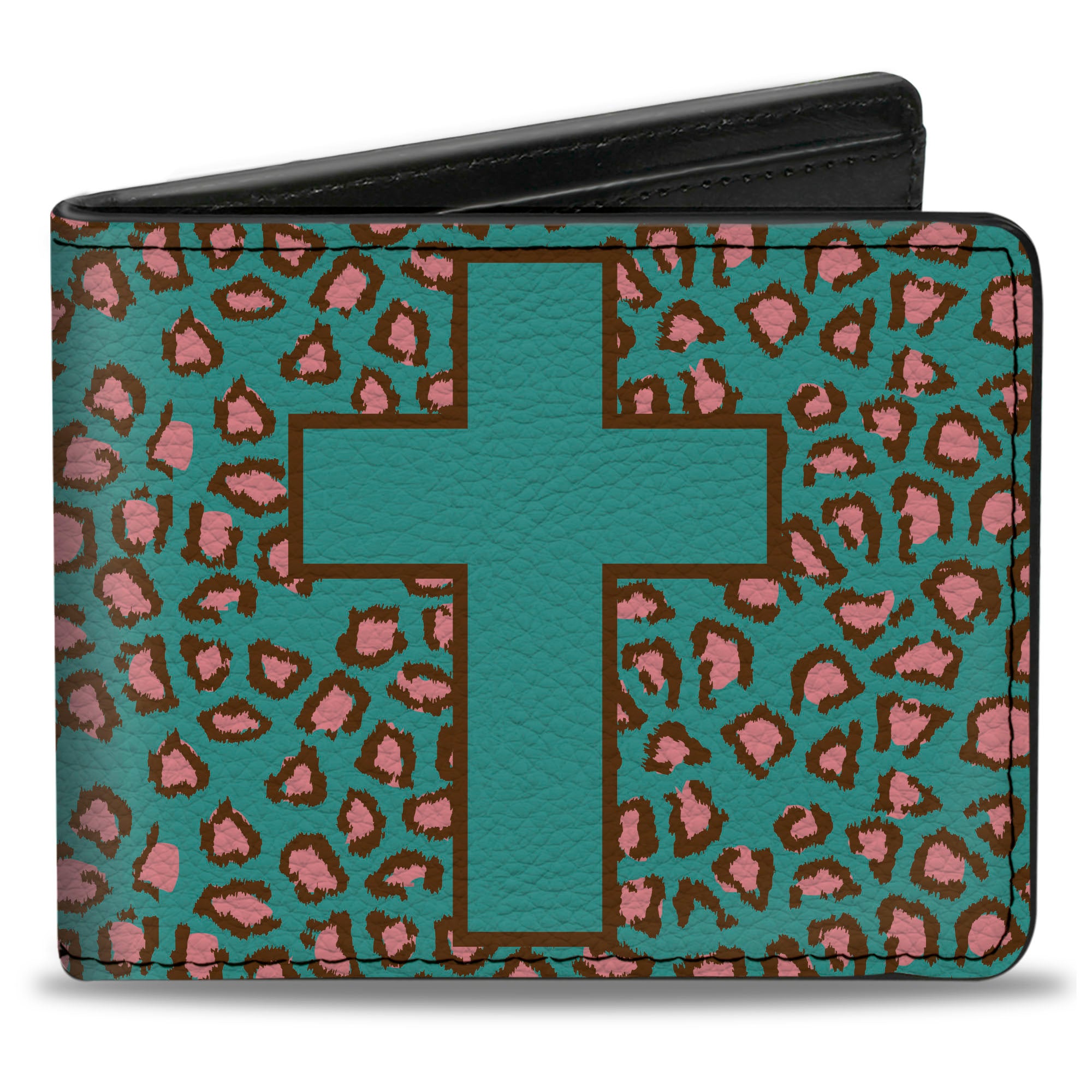 Bi-Fold Wallet - Cross Repeat Leopard Turquoise Pink Bi-Fold Wallets Buckle-Down