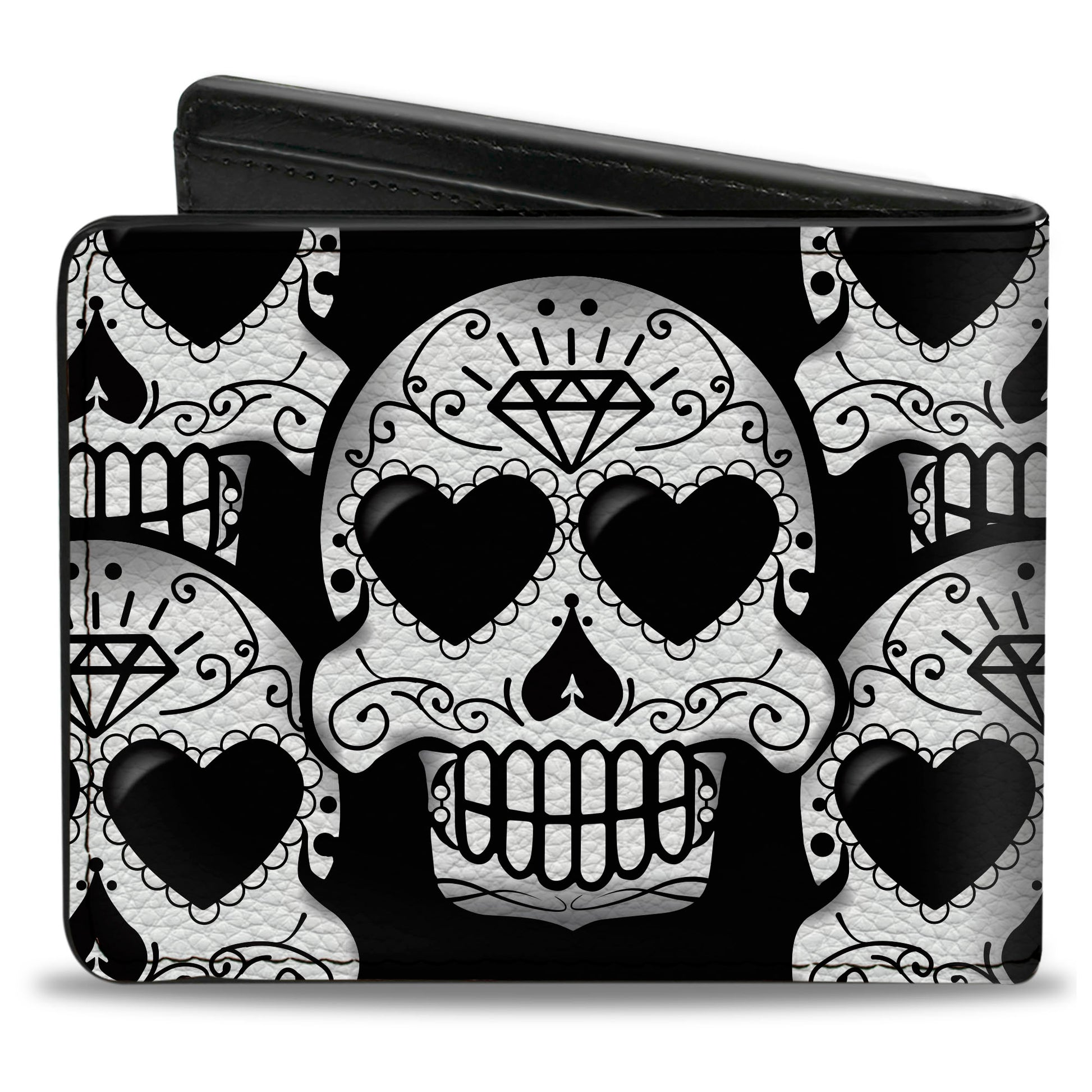 Bi-Fold Wallet - Diamond Sugar Skull Stacked Black Silver Fade White Bi-Fold Wallets Buckle-Down