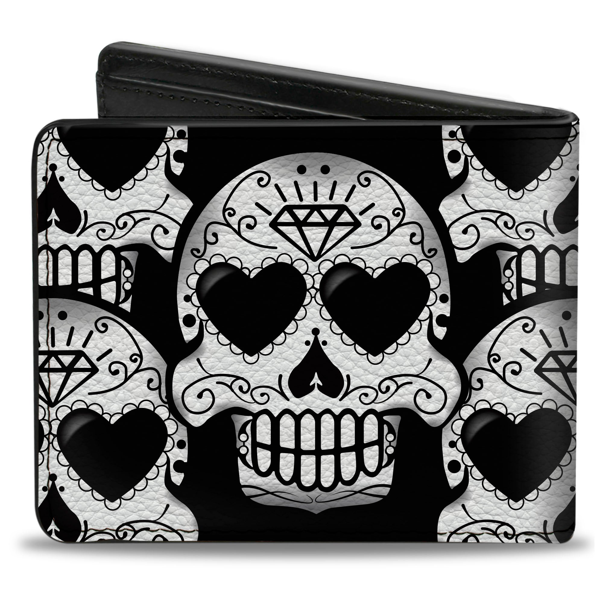 Bi-Fold Wallet - Diamond Sugar Skull Stacked Black Silver Fade White Bi-Fold Wallets Buckle-Down