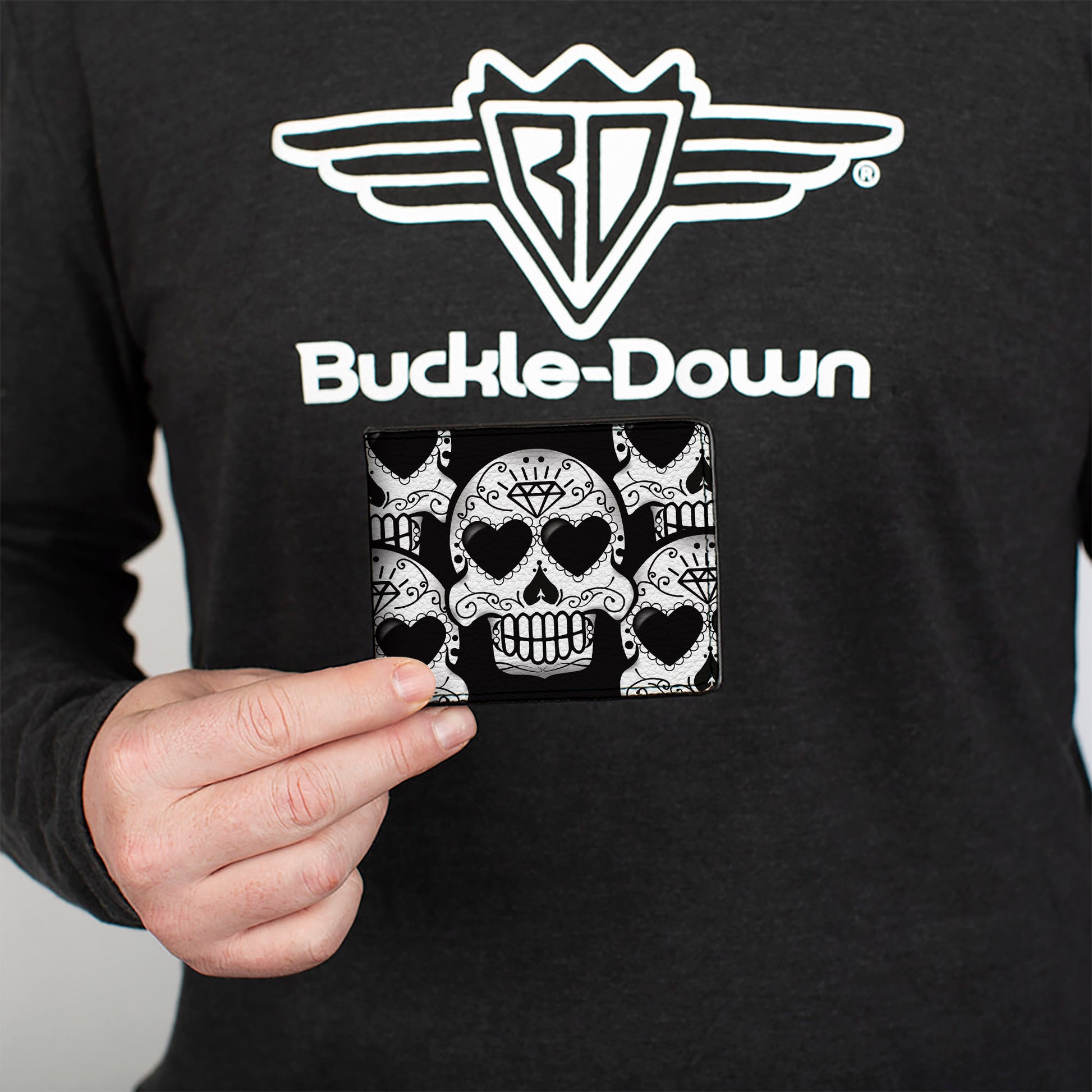 Bi-Fold Wallet - Diamond Sugar Skull Stacked Black Silver Fade White Bi-Fold Wallets Buckle-Down