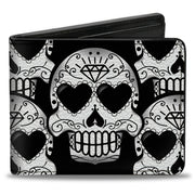 Bi-Fold Wallet - Diamond Sugar Skull Stacked Black Silver Fade White Bi-Fold Wallets Buckle-Down