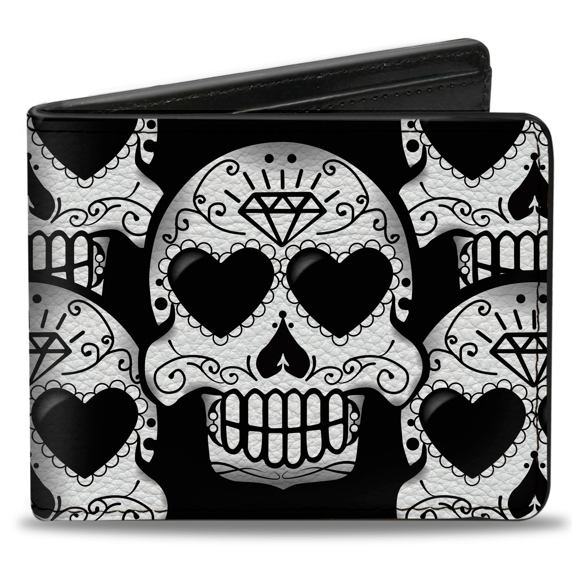 Bi-Fold Wallet - Diamond Sugar Skull Stacked Black Silver Fade White Bi-Fold Wallets Buckle-Down