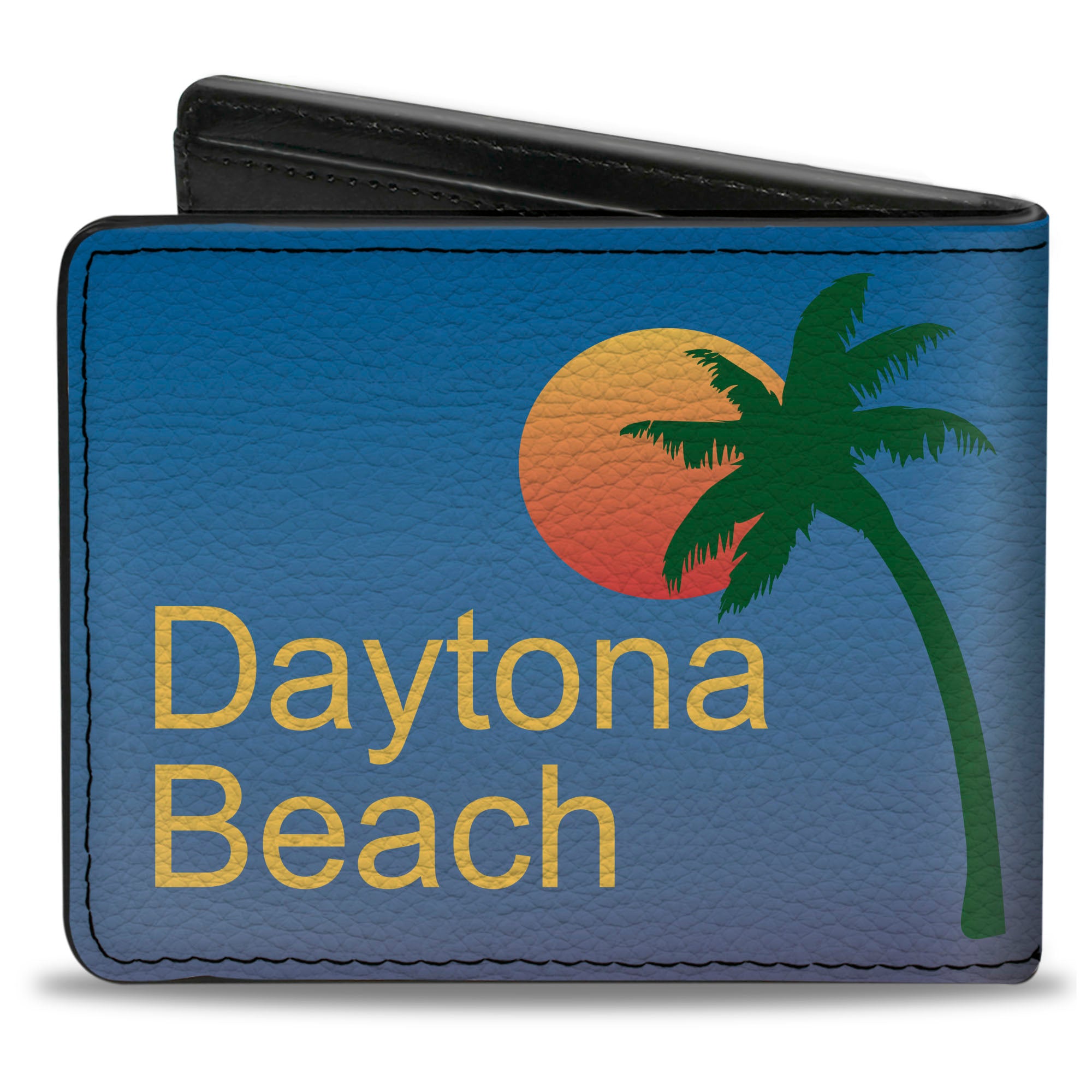 Bi-Fold Wallet - DAYTON BEACH Script Sun Palm Trees Blue Fade Yellow Oranges Green Bi-Fold Wallets Buckle-Down