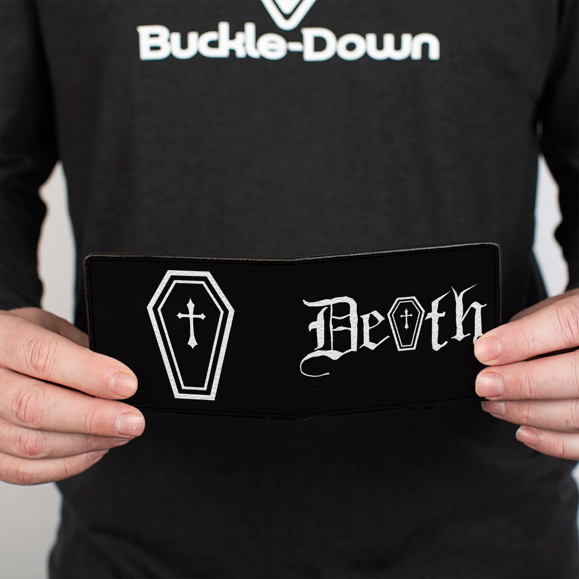 Bi-Fold Wallet - DEATH w Coffin Old English Black White Bi-Fold Wallets Buckle-Down