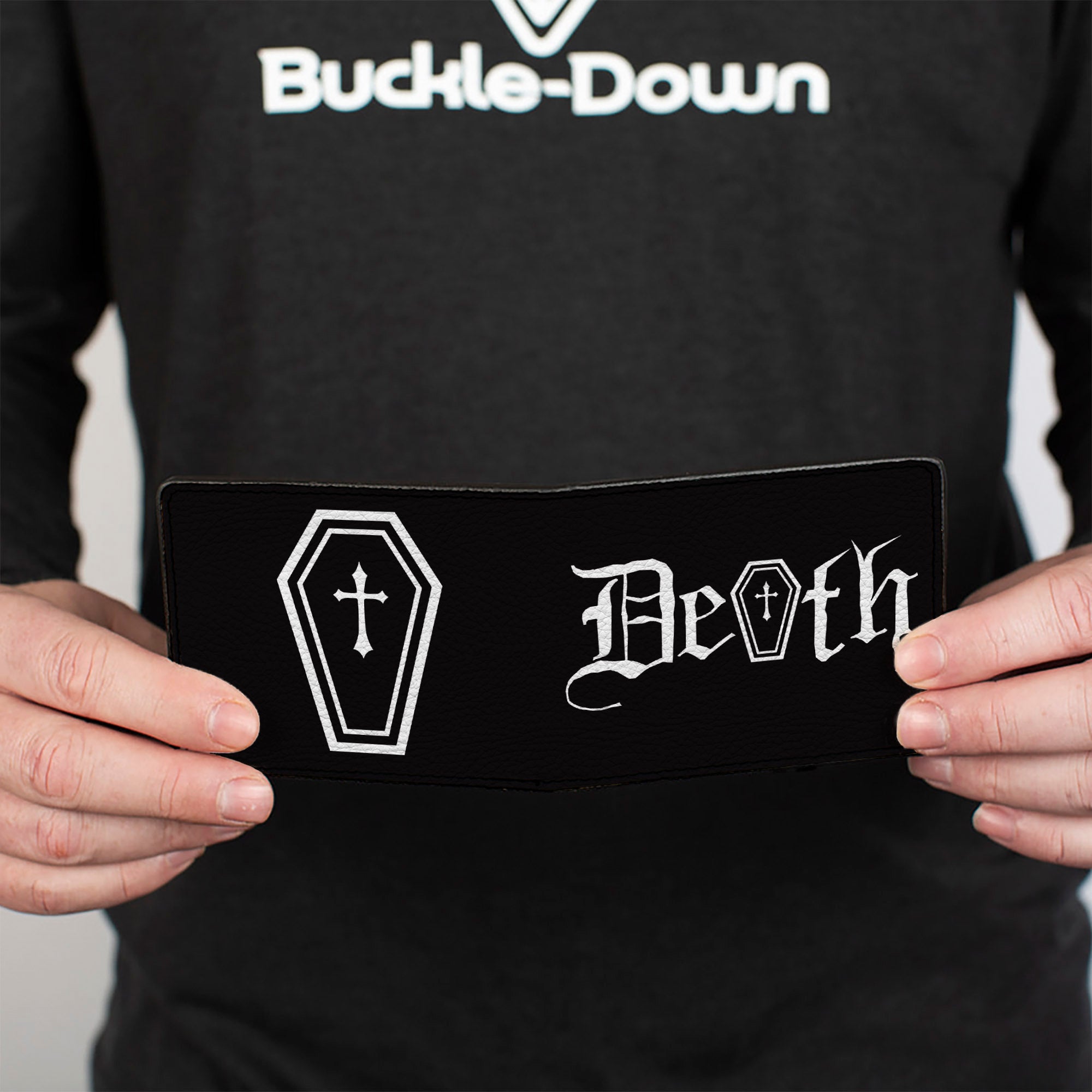 Bi-Fold Wallet - DEATH w Coffin Old English Black White Bi-Fold Wallets Buckle-Down