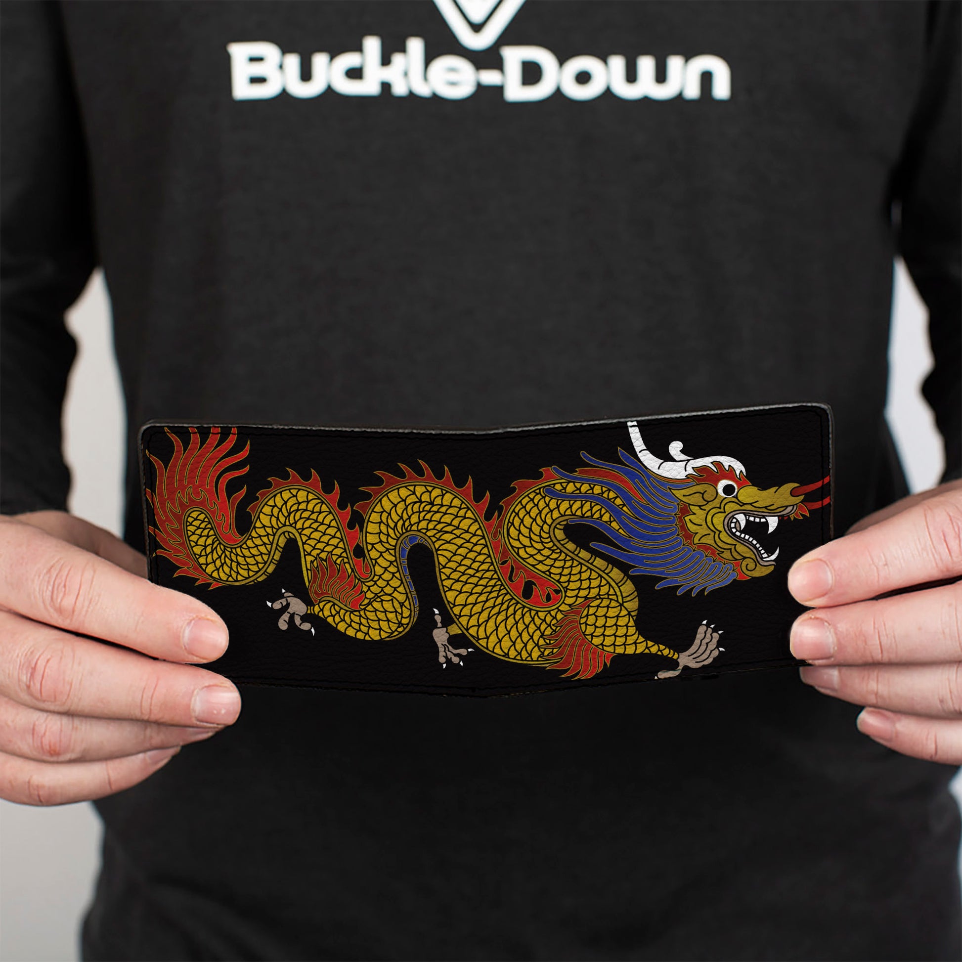 Bi-Fold Wallet - Dragon CLOSE-UP Black Golds Reds Blue Bi-Fold Wallets Buckle-Down