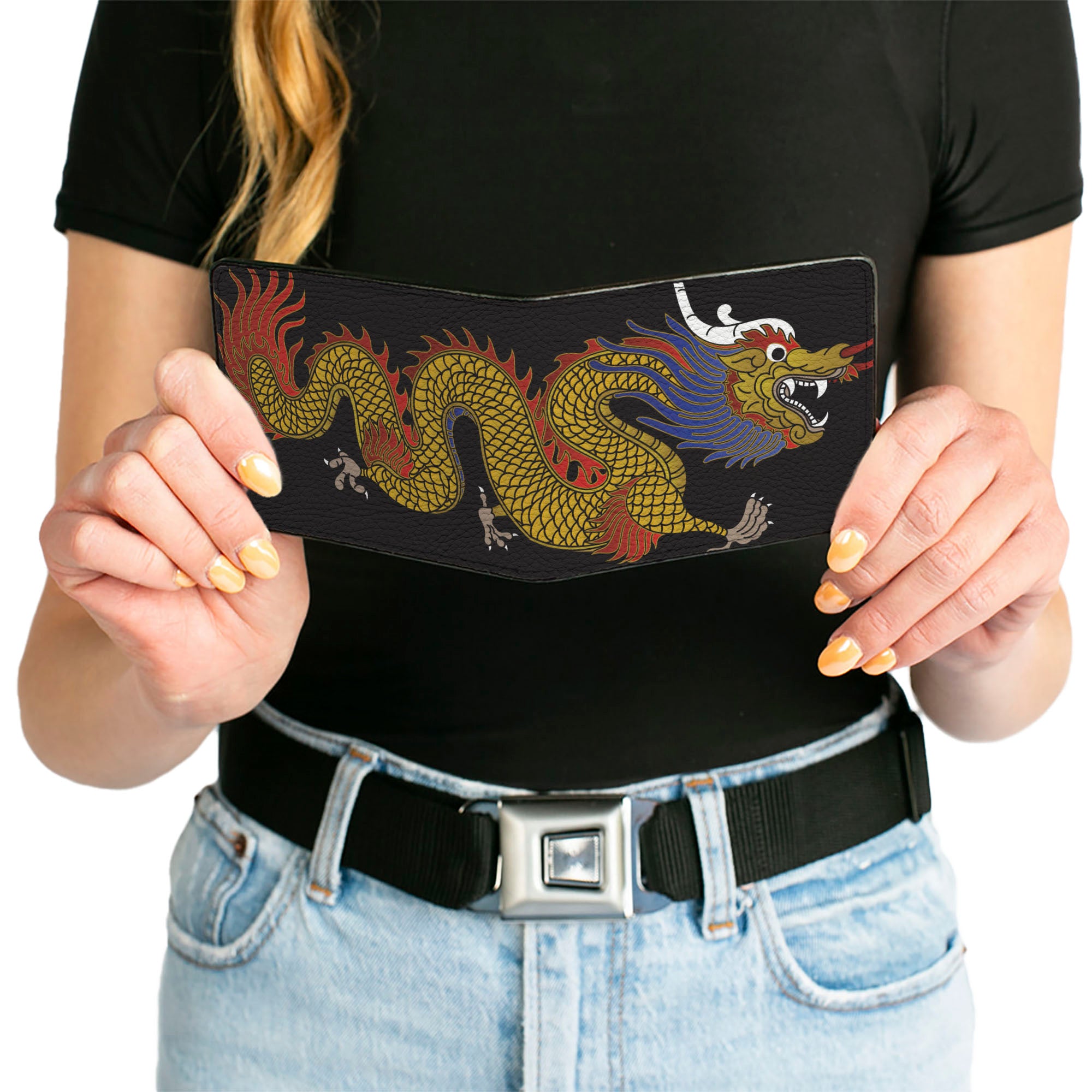 Bi-Fold Wallet - Dragon CLOSE-UP Black Golds Reds Blue Bi-Fold Wallets Buckle-Down