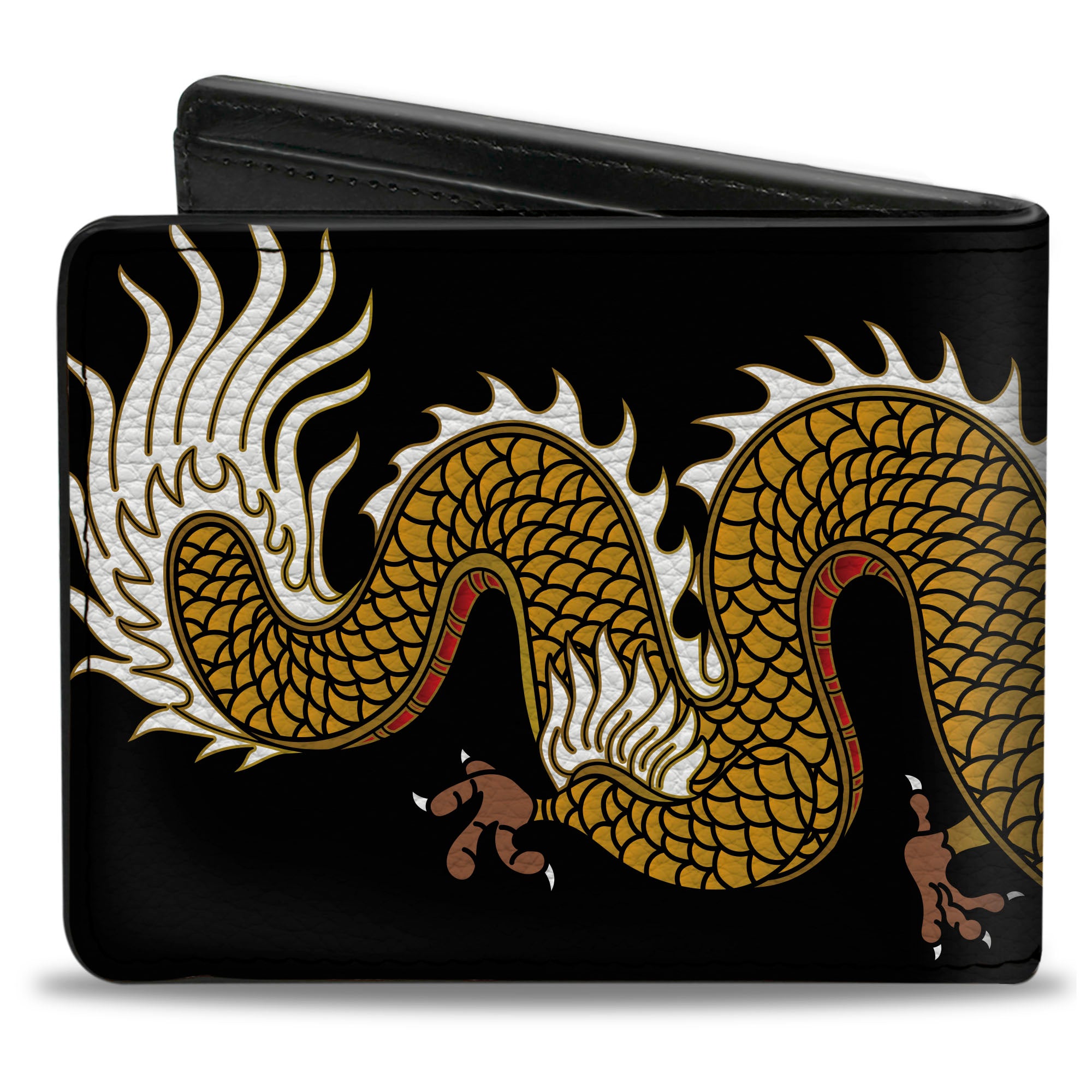Bi-Fold Wallet - Dragon CLOSE-UP Black Golds White Green Bi-Fold Wallets Buckle-Down