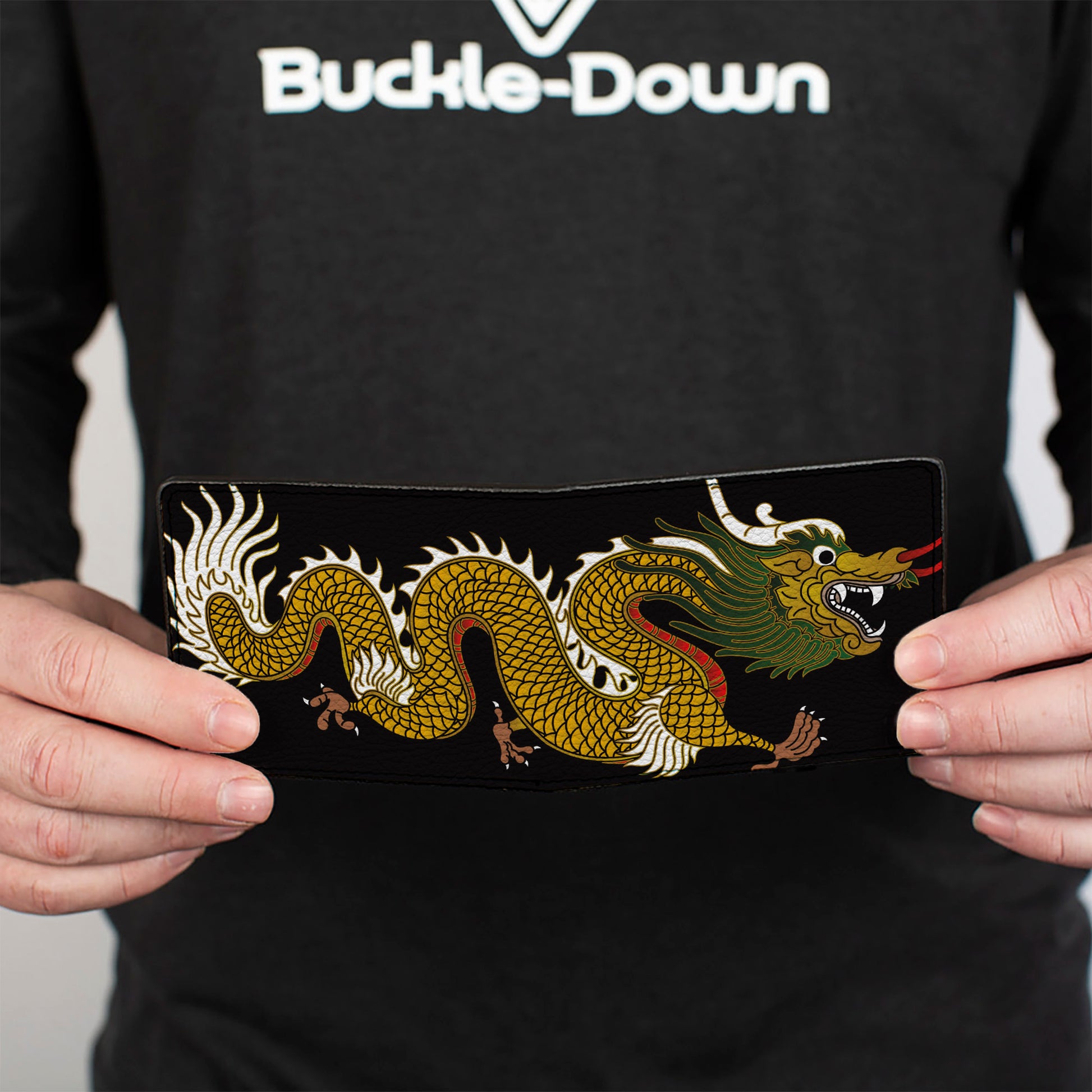 Bi-Fold Wallet - Dragon CLOSE-UP Black Golds White Green Bi-Fold Wallets Buckle-Down