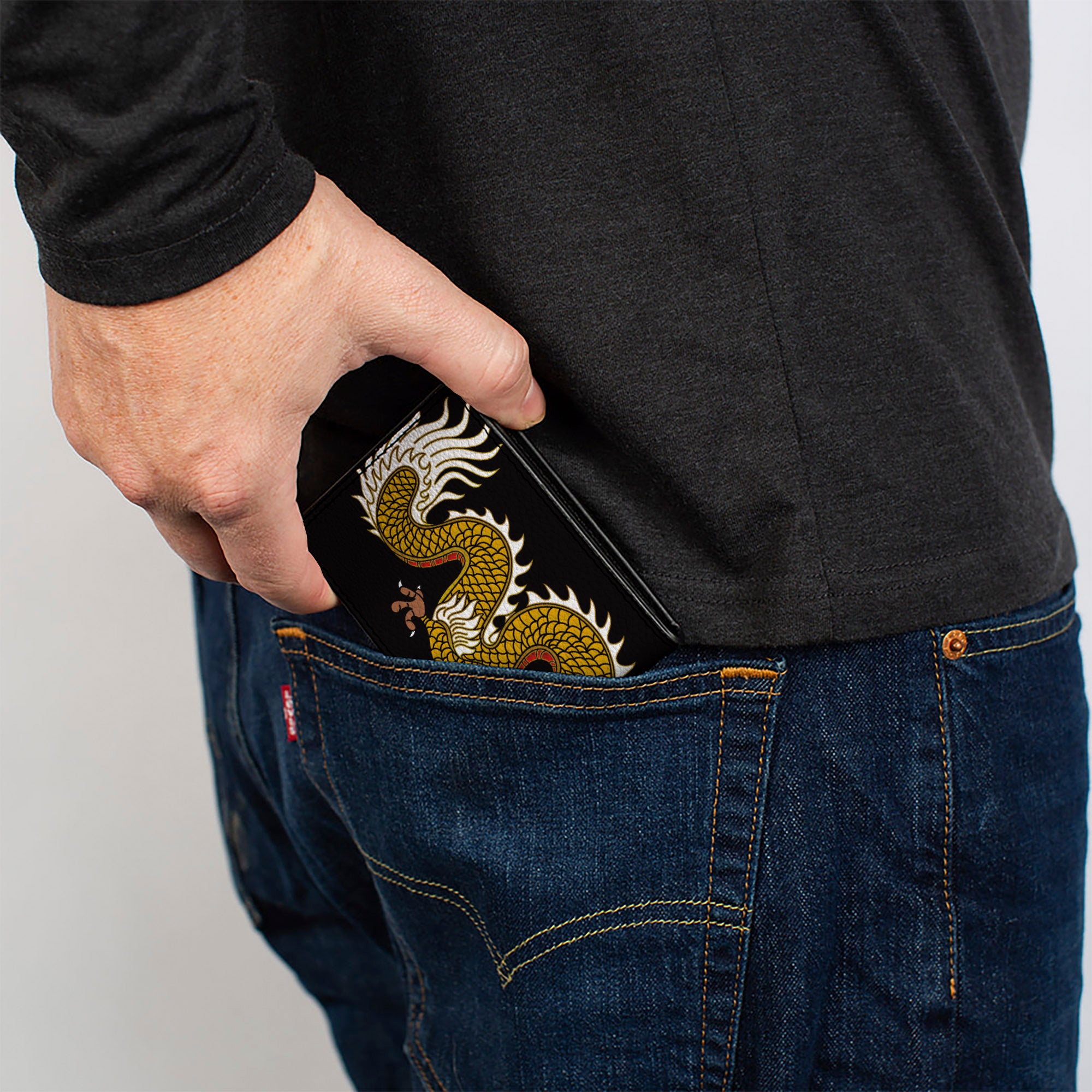 Bi-Fold Wallet - Dragon CLOSE-UP Black Golds White Green Bi-Fold Wallets Buckle-Down
