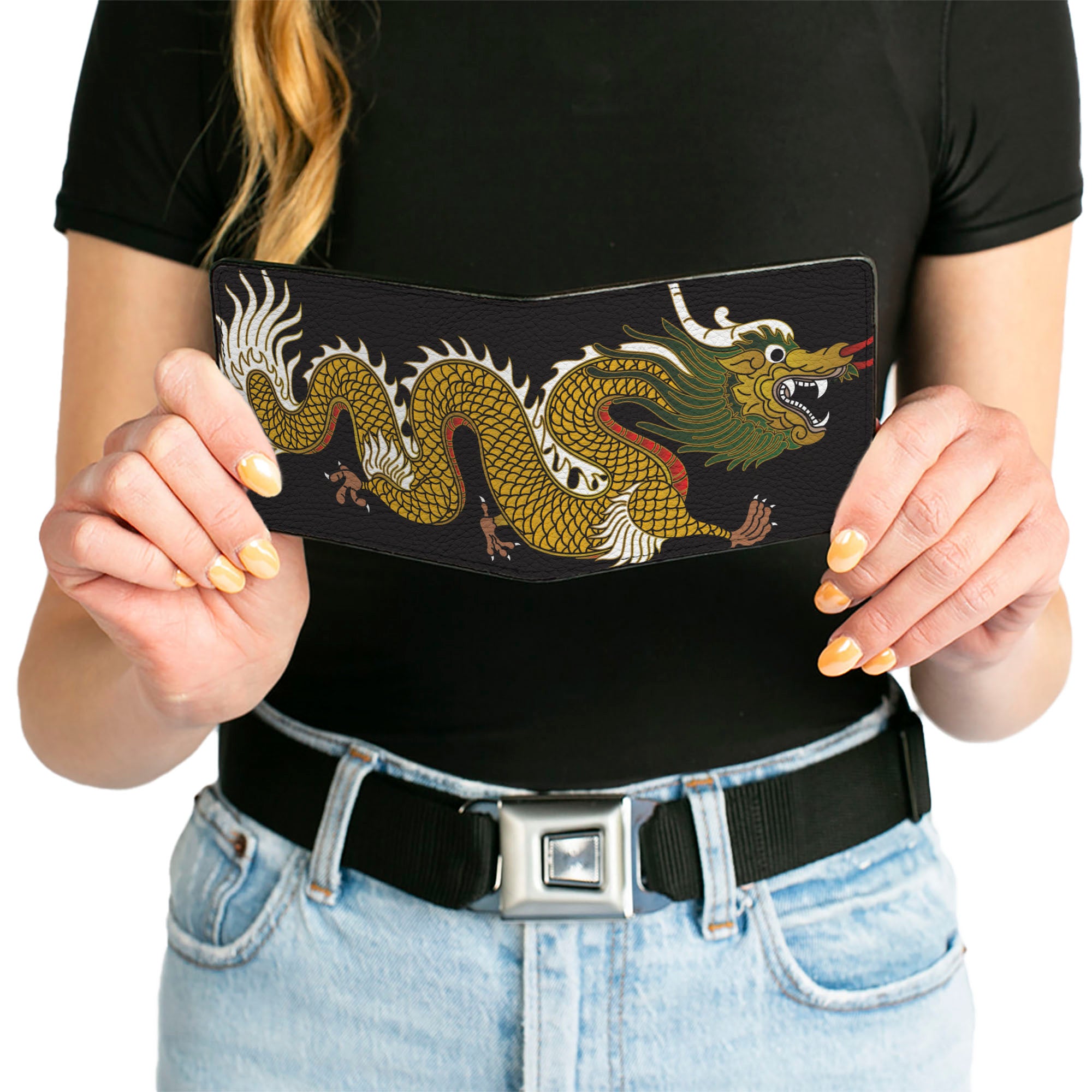 Bi-Fold Wallet - Dragon CLOSE-UP Black Golds White Green Bi-Fold Wallets Buckle-Down
