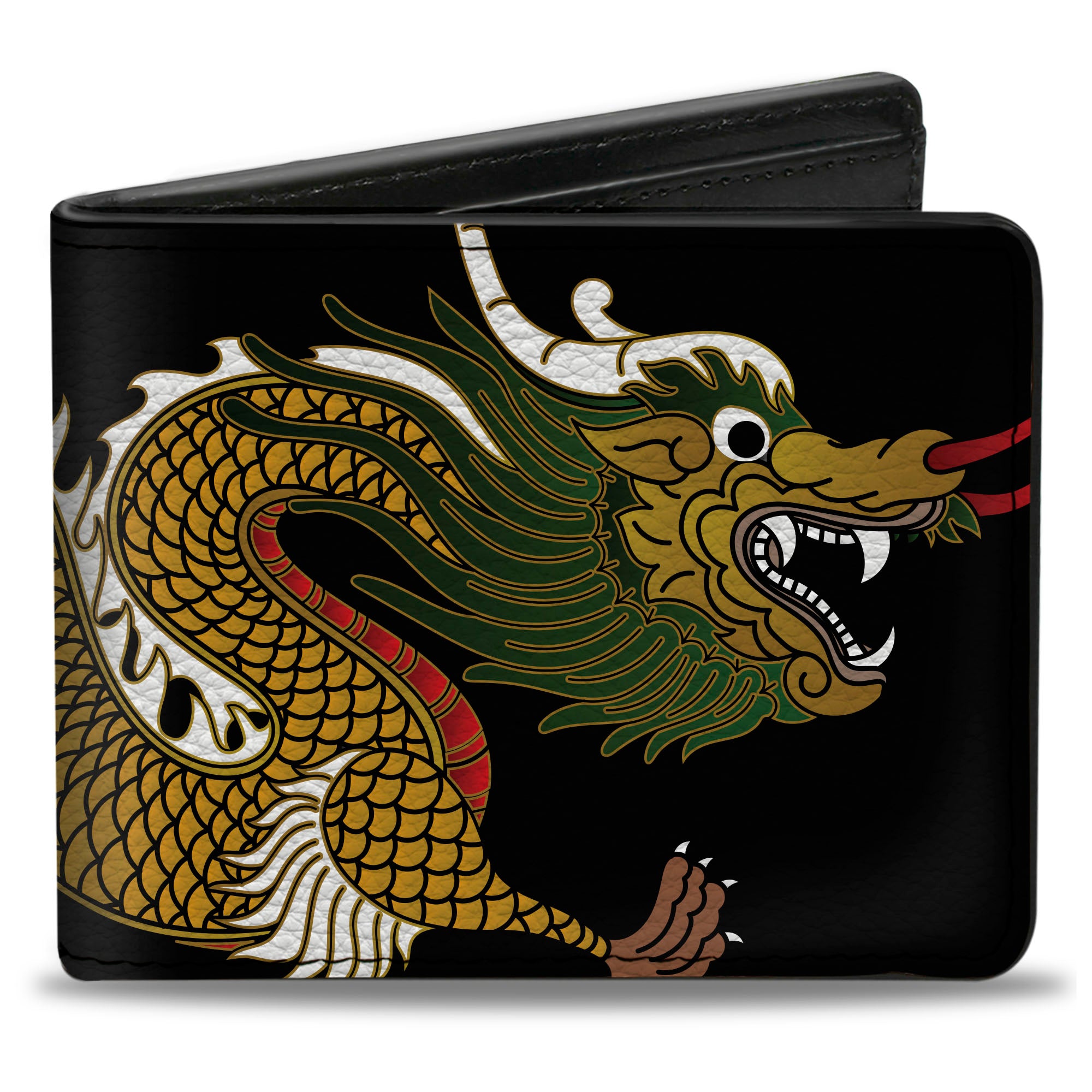 Bi-Fold Wallet - Dragon CLOSE-UP Black Golds White Green Bi-Fold Wallets Buckle-Down