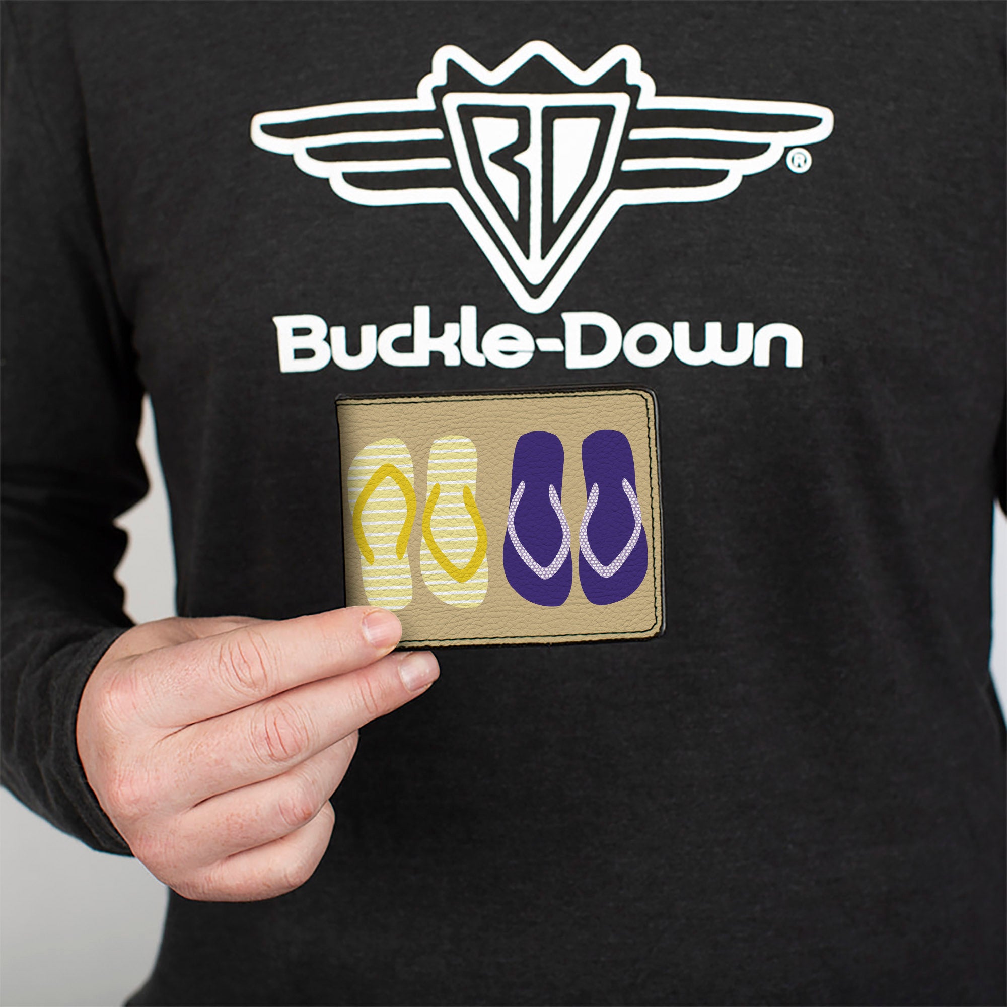 Bi-Fold Wallet - Flip Flops5 CLOSE-UP Sand Multi Color Bi-Fold Wallets Buckle-Down