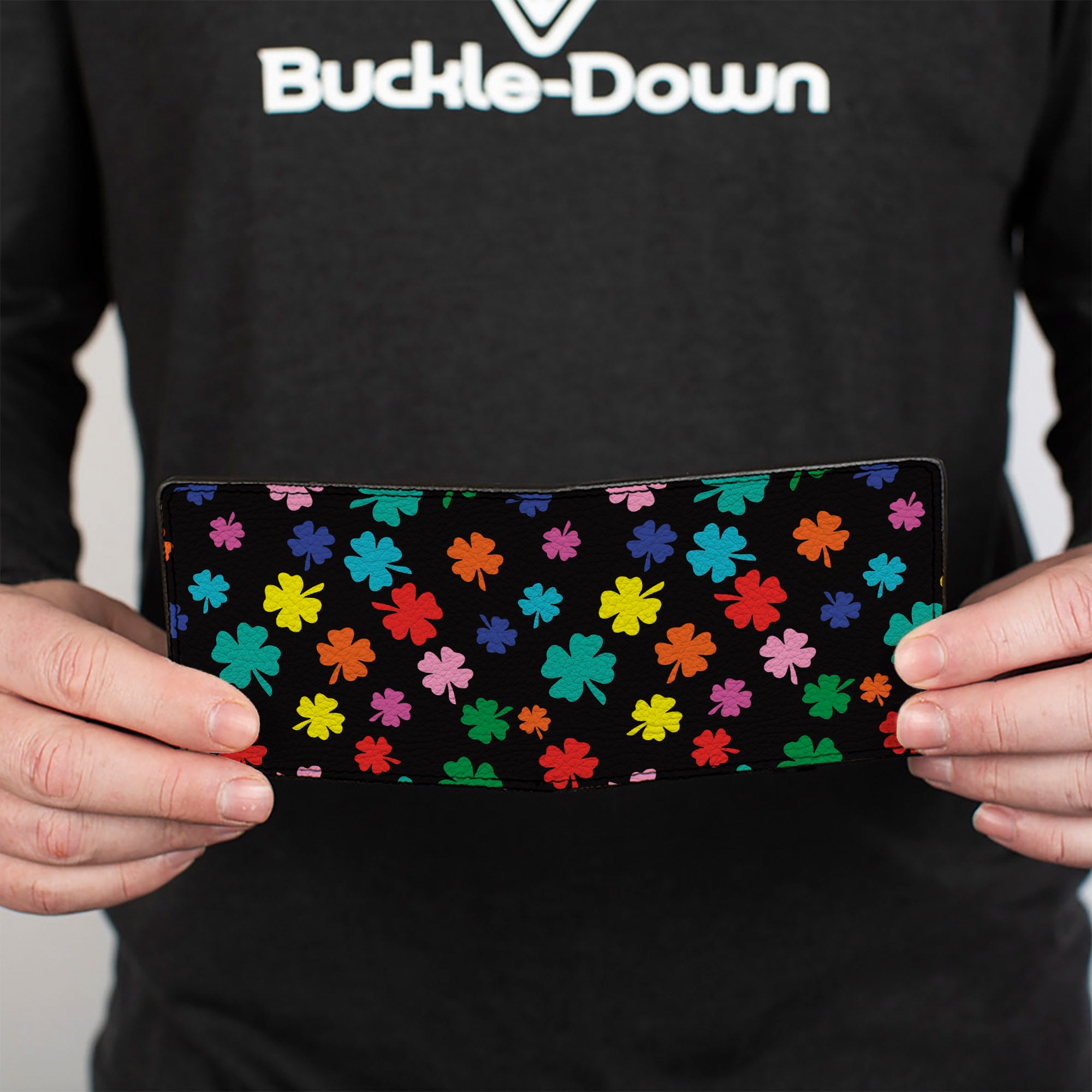 Bi-Fold Wallet - Four-Leaf Clovers Scattered Black Multi Color Bi-Fold Wallets Buckle-Down