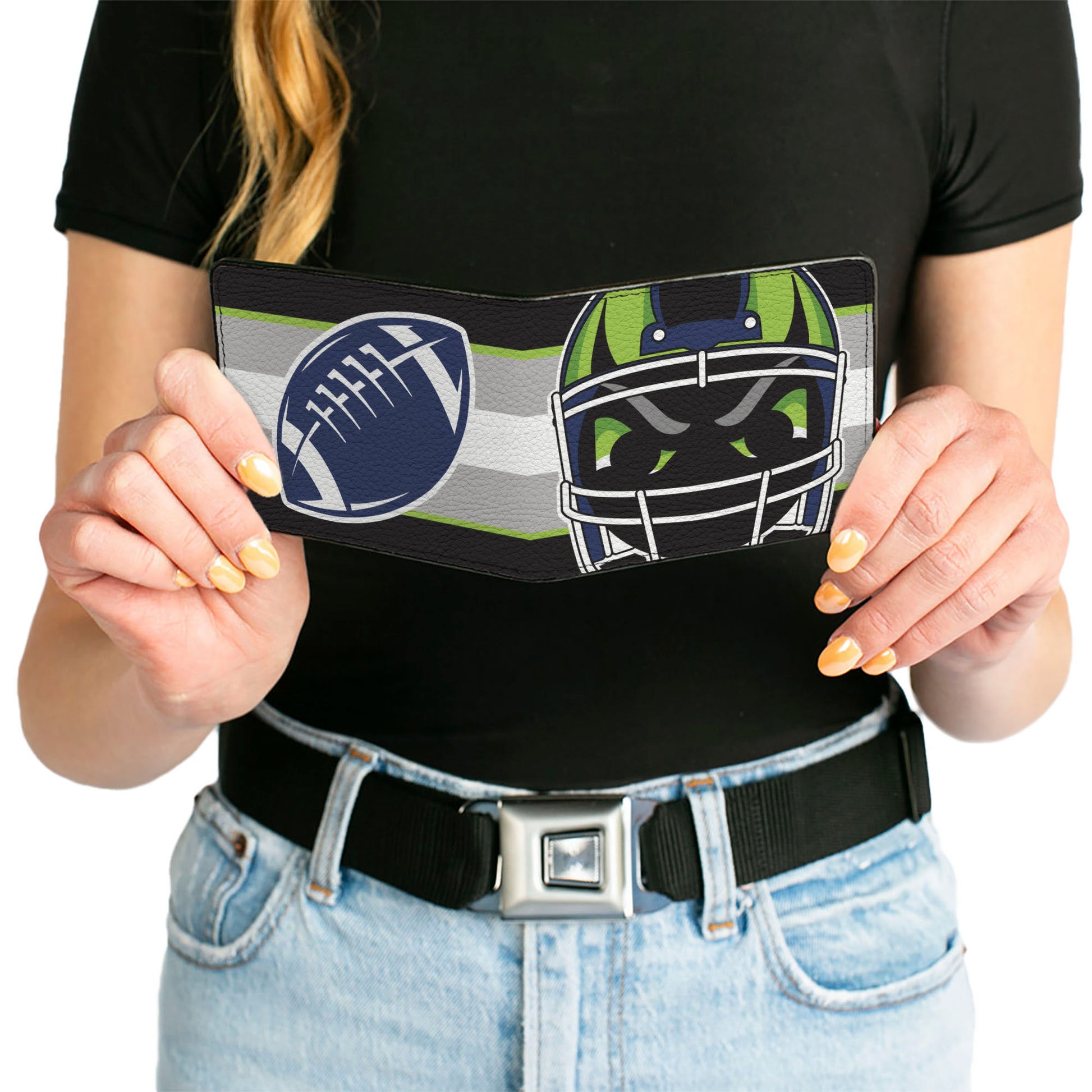 Bi-Fold Wallet - Football Helmet Stripe2 Black Neon Green Silver White Blue Bi-Fold Wallets Buckle-Down