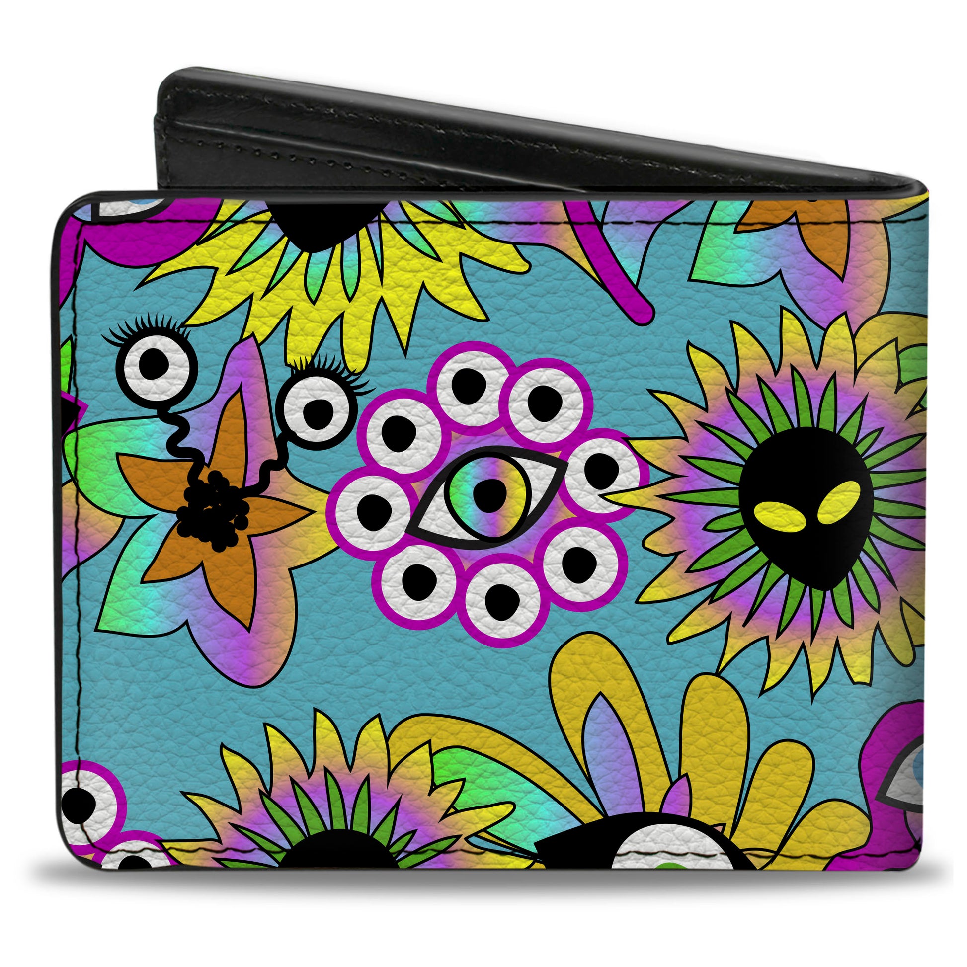Bi-Fold Wallet - Funky Alien Flowers Aqua Blue/Multi Color Bi-Fold Wallets Buckle-Down