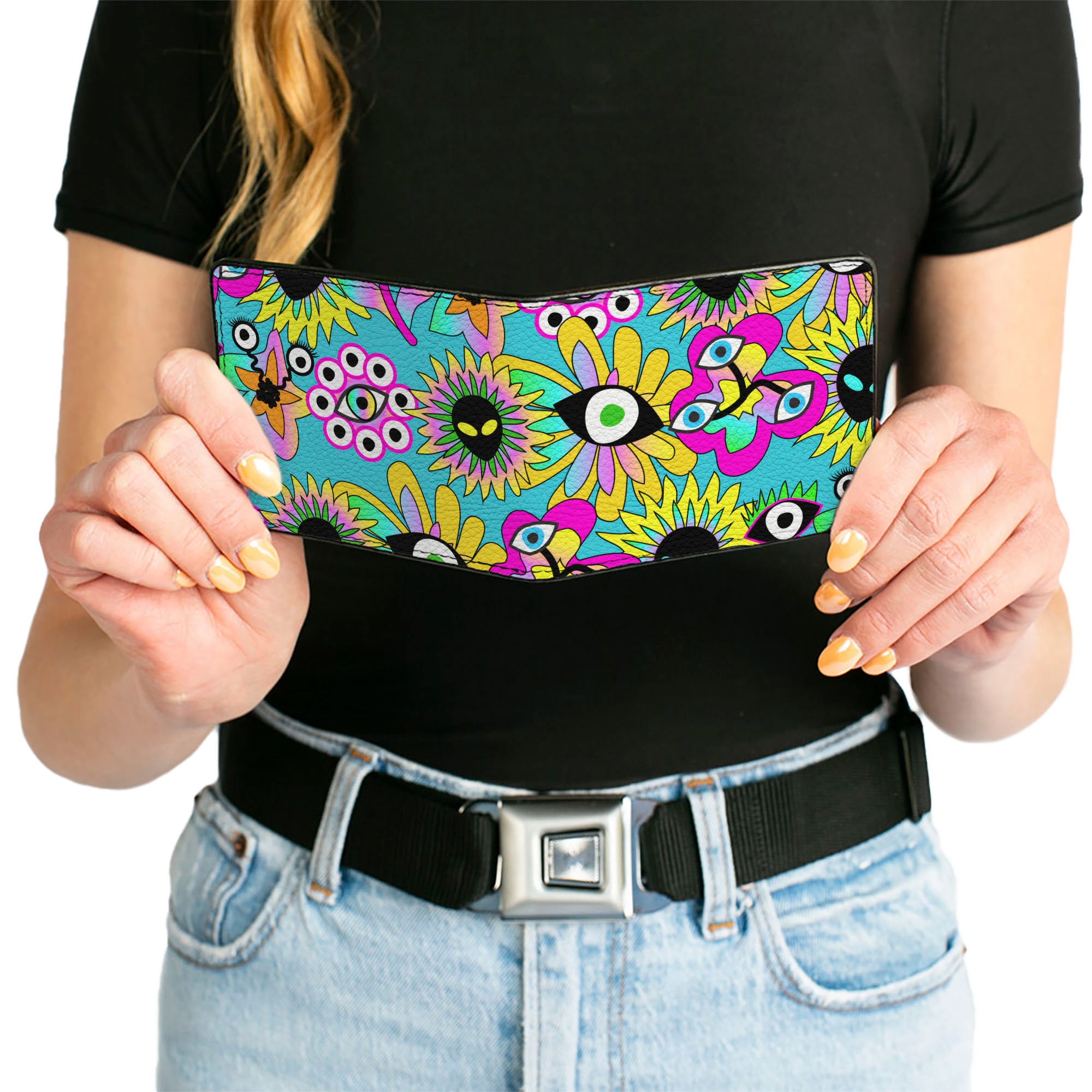 Bi-Fold Wallet - Funky Alien Flowers Aqua Blue/Multi Color Bi-Fold Wallets Buckle-Down