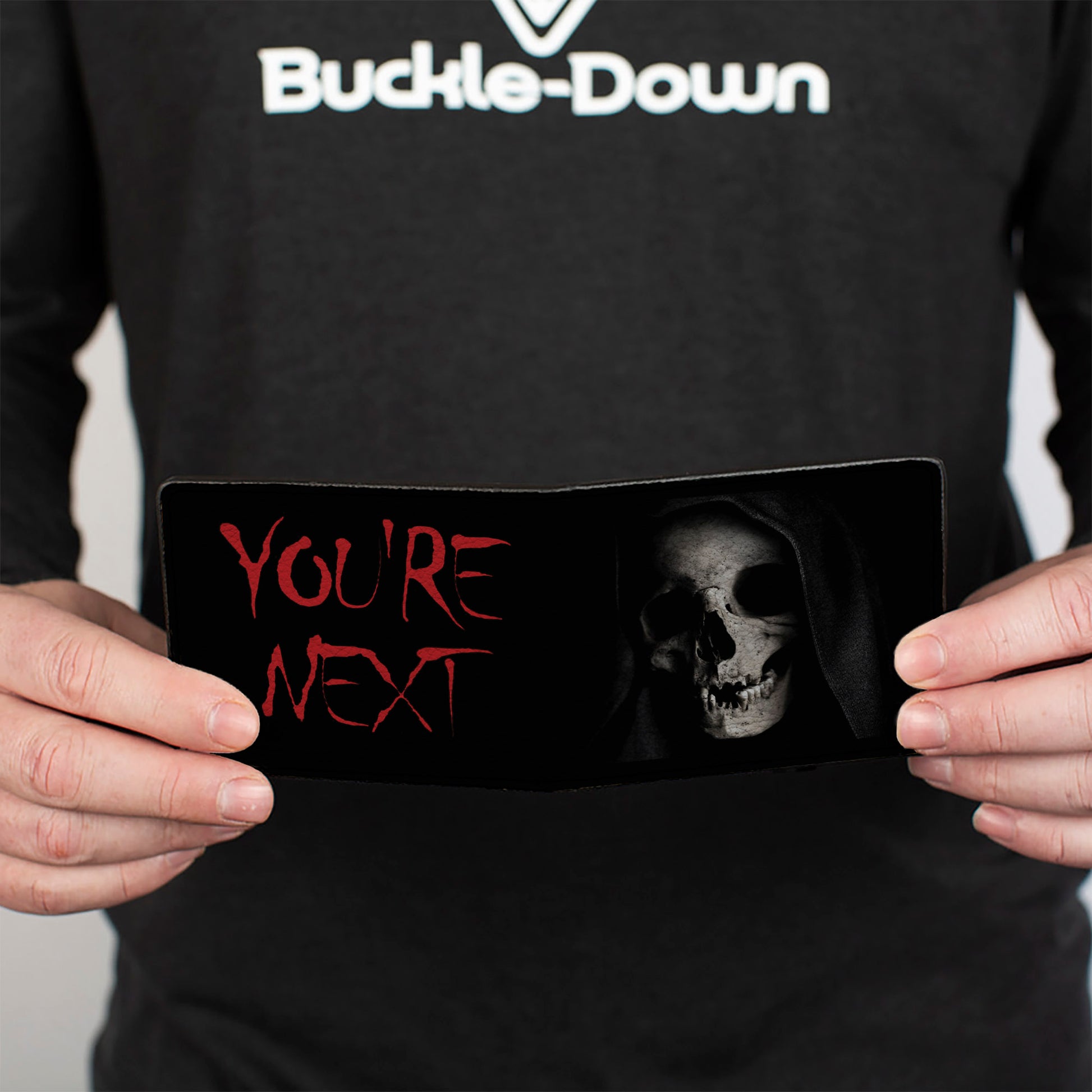 Bi-Fold Wallet - Grim Reaper Face YOU'RE NEXT Black Grays Red Bi-Fold Wallets Buckle-Down