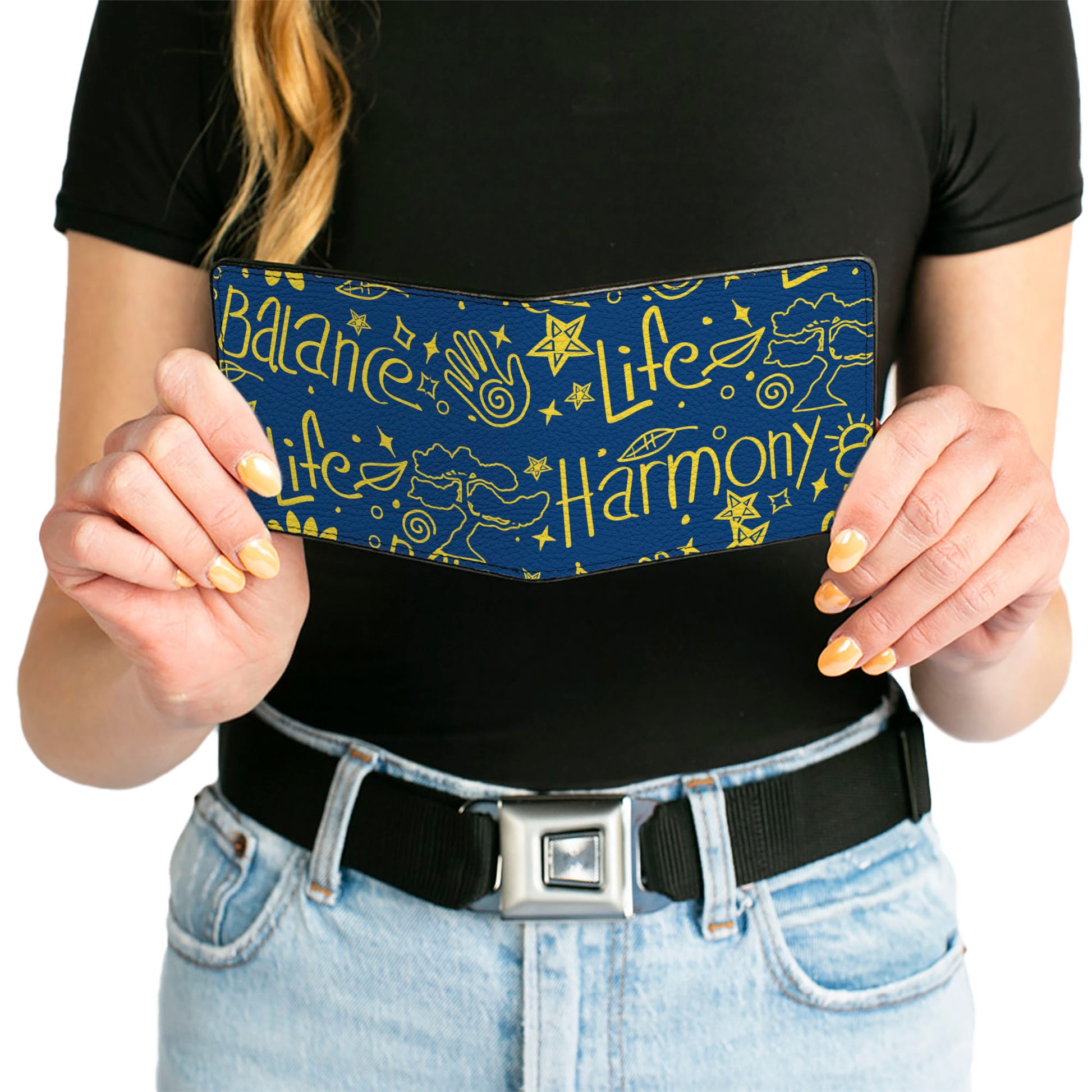 Bi-Fold Wallet - HARMONY BALANCE LIFE Icons Collage Blue/Yellow Bi-Fold Wallets Buckle-Down