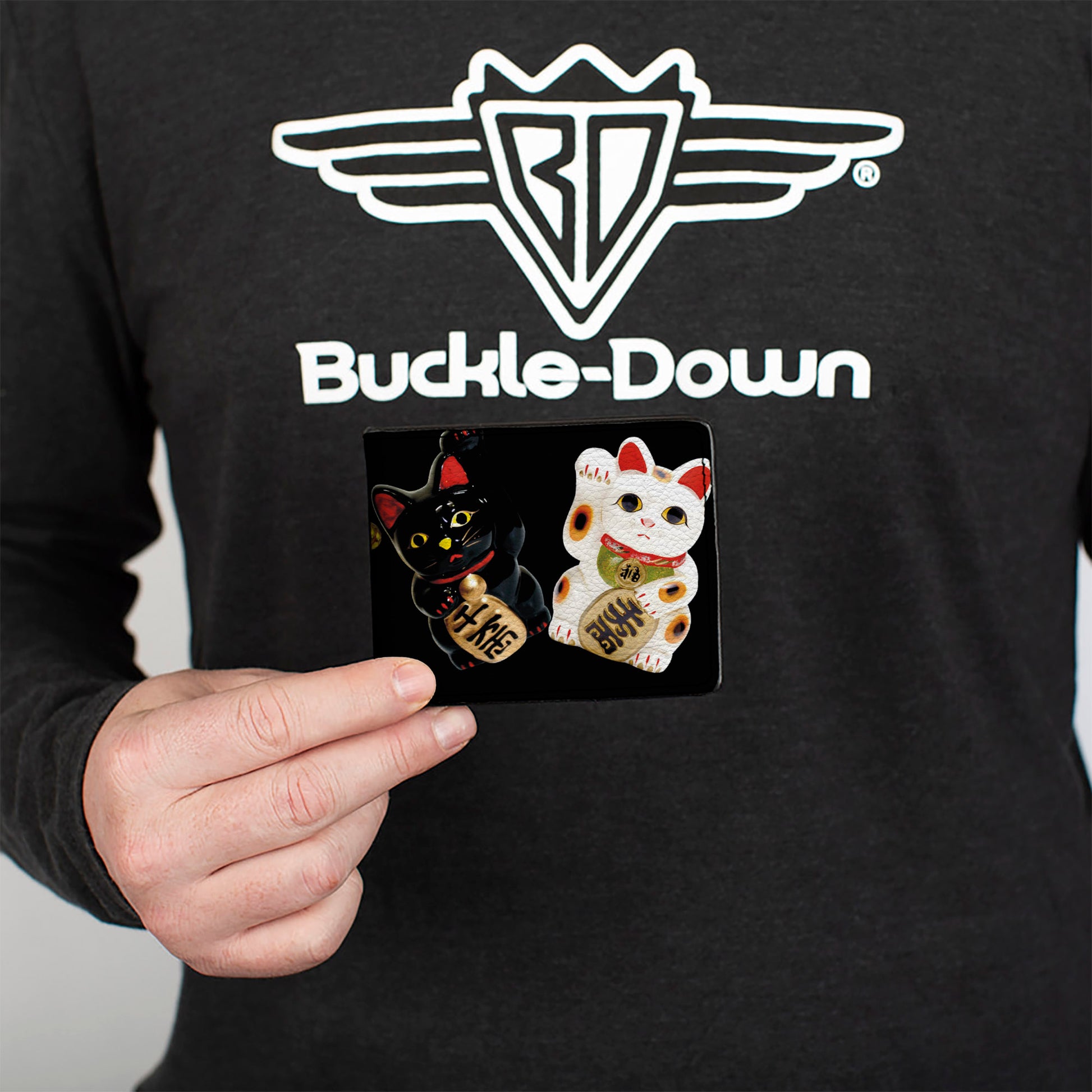 Bi-Fold Wallet - Maneki Neko Lucky Cats Gold Black White Bi-Fold Wallets Buckle-Down