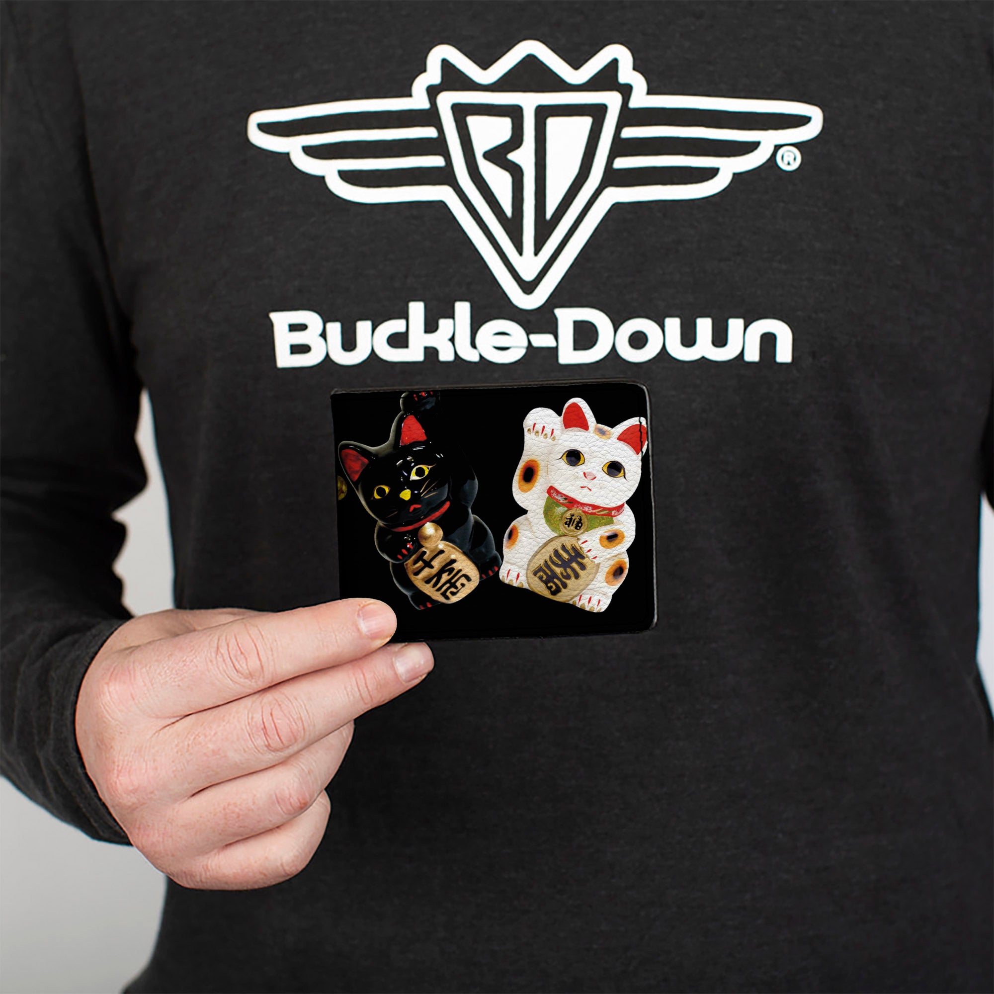 Bi-Fold Wallet - Maneki Neko Lucky Cats Gold Black White Bi-Fold Wallets Buckle-Down