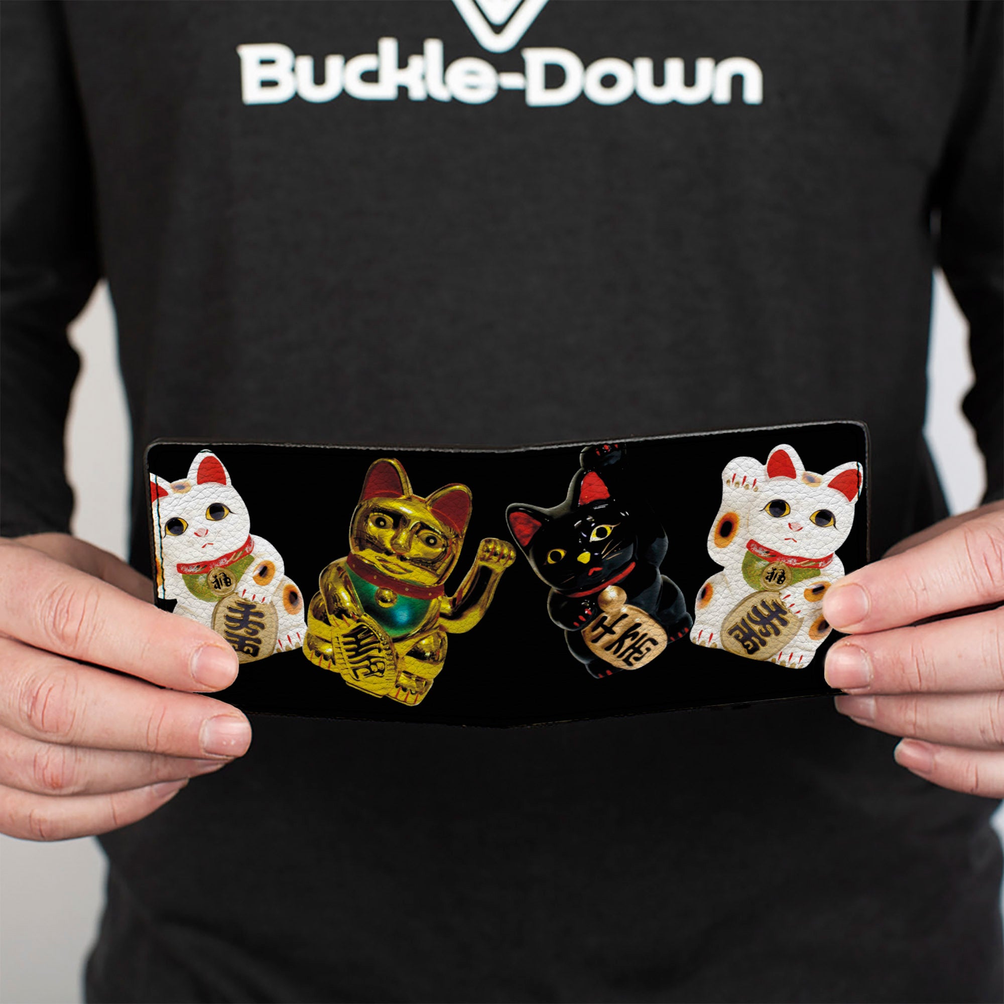 Bi-Fold Wallet - Maneki Neko Lucky Cats Gold Black White Bi-Fold Wallets Buckle-Down