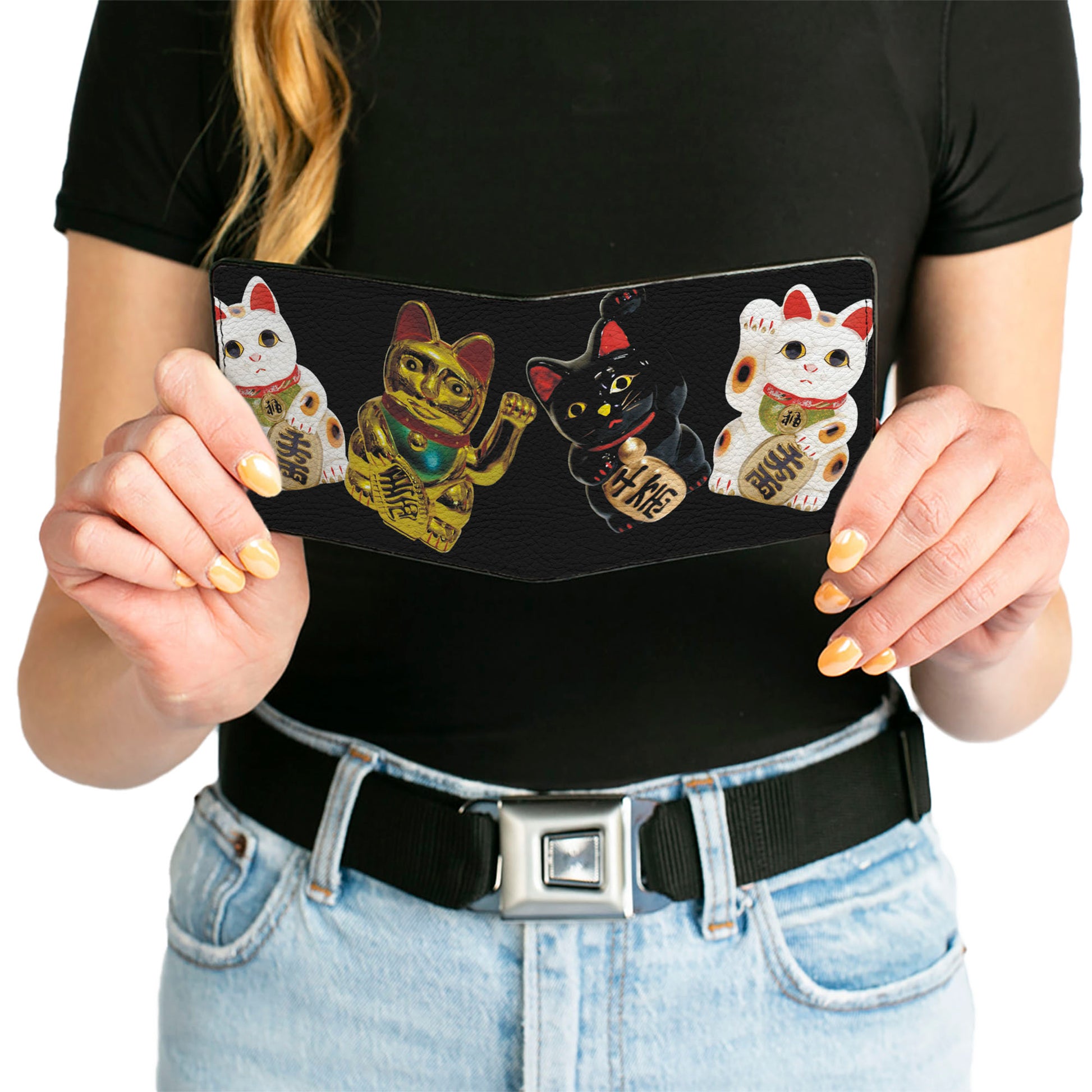 Bi-Fold Wallet - Maneki Neko Lucky Cats Gold Black White Bi-Fold Wallets Buckle-Down