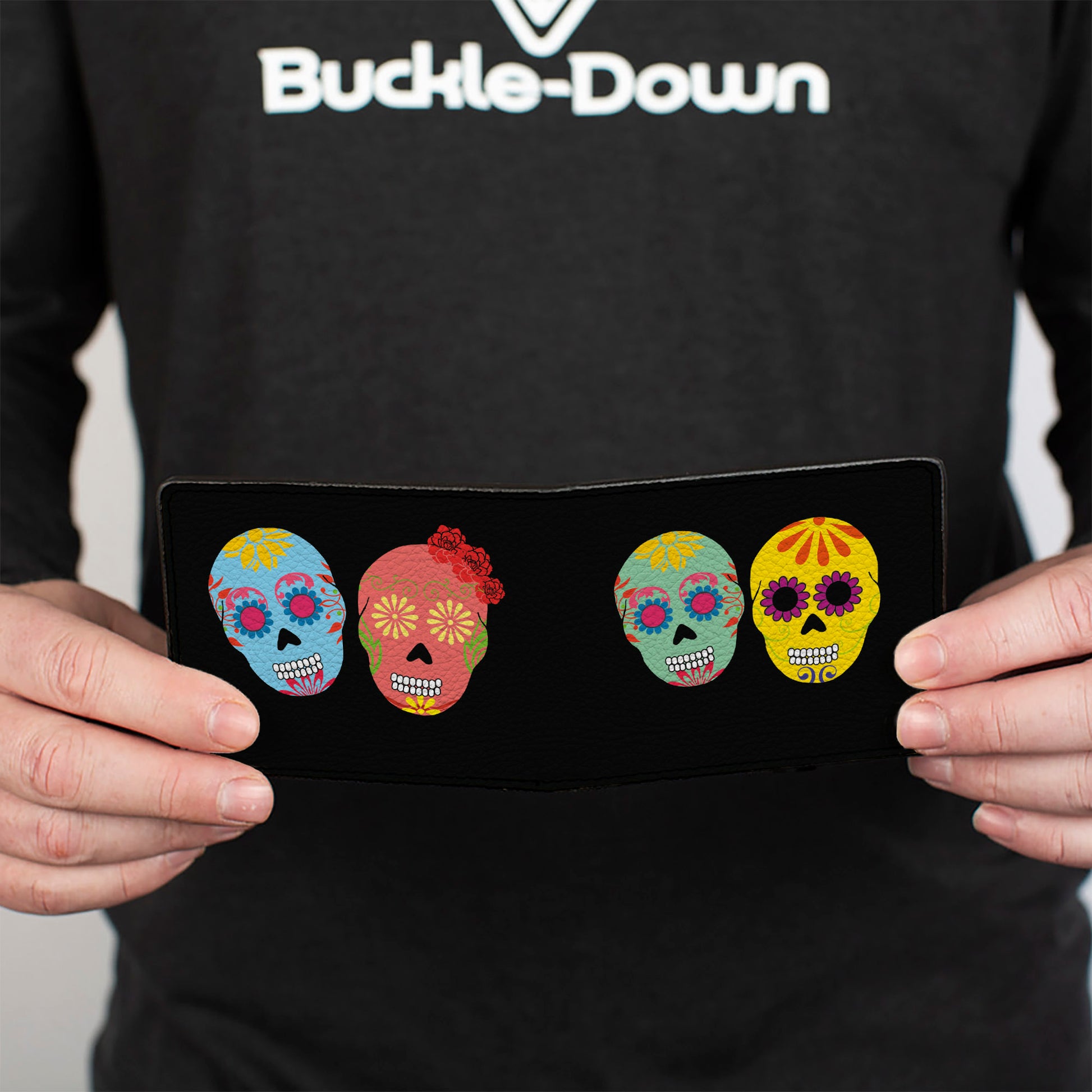 Bi-Fold Wallet - Painted Sugar Skulls Black Multi Color Bi-Fold Wallets Buckle-Down