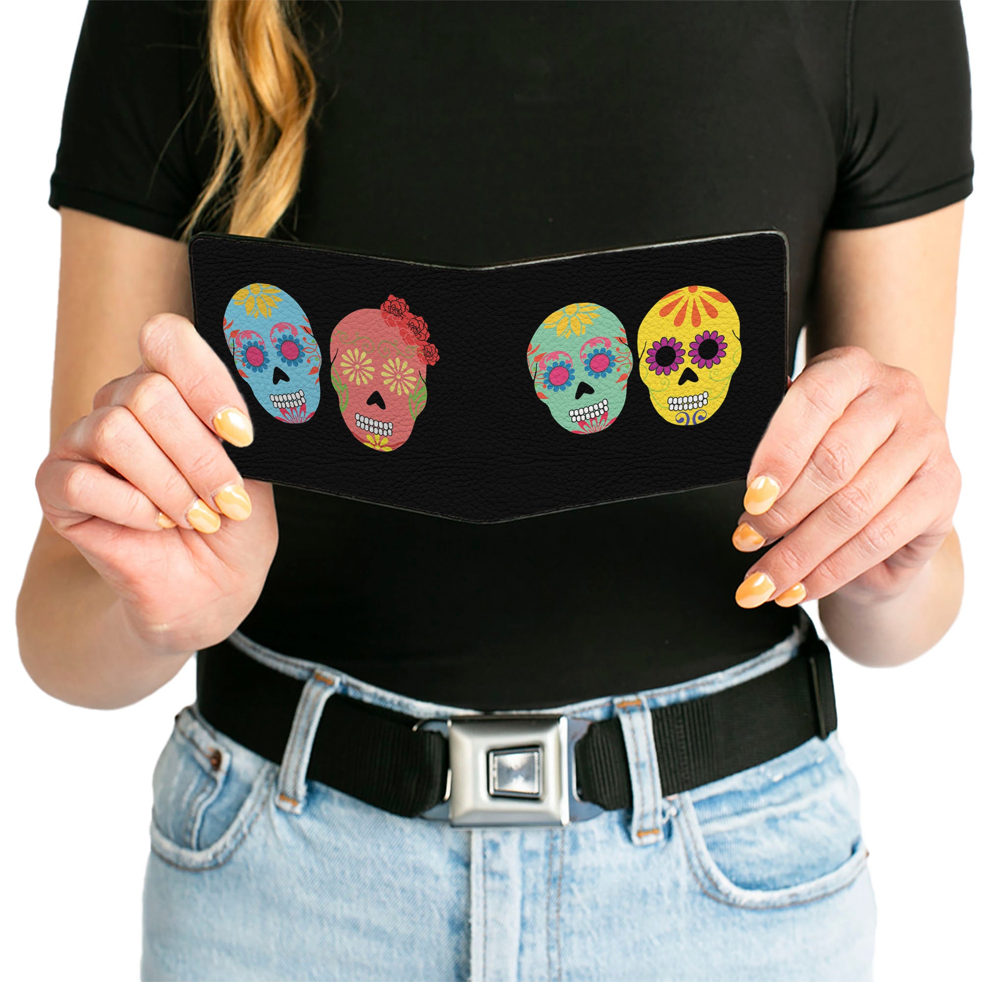 Bi-Fold Wallet - Painted Sugar Skulls Black Multi Color Bi-Fold Wallets Buckle-Down