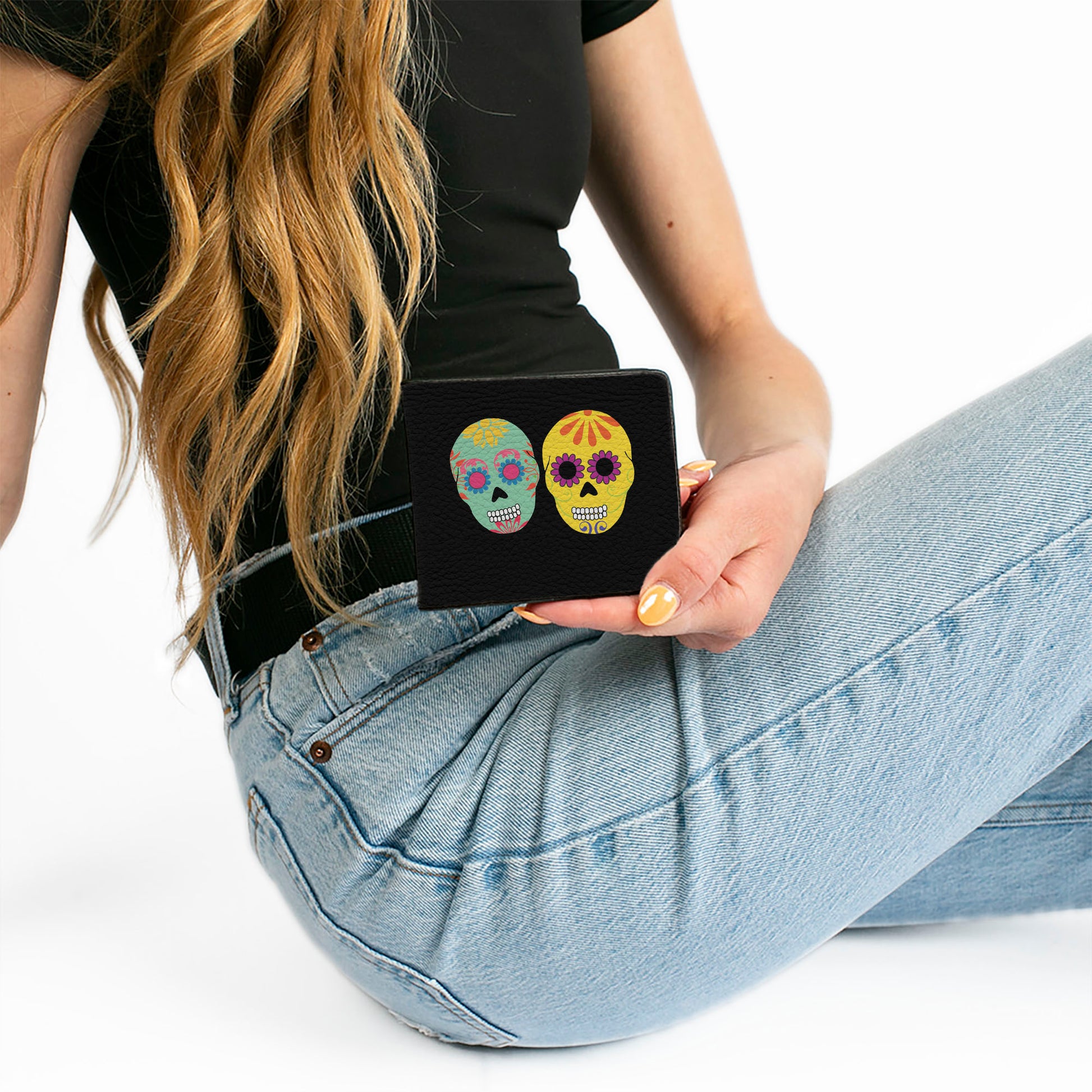 Bi-Fold Wallet - Painted Sugar Skulls Black Multi Color Bi-Fold Wallets Buckle-Down