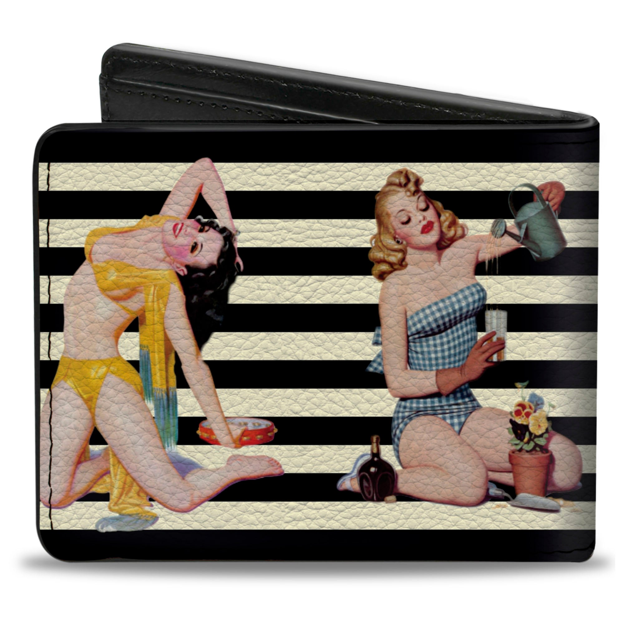 Bi-Fold Wallet - Pin Up Girl Poses Stripe Black White Bi-Fold Wallets Buckle-Down