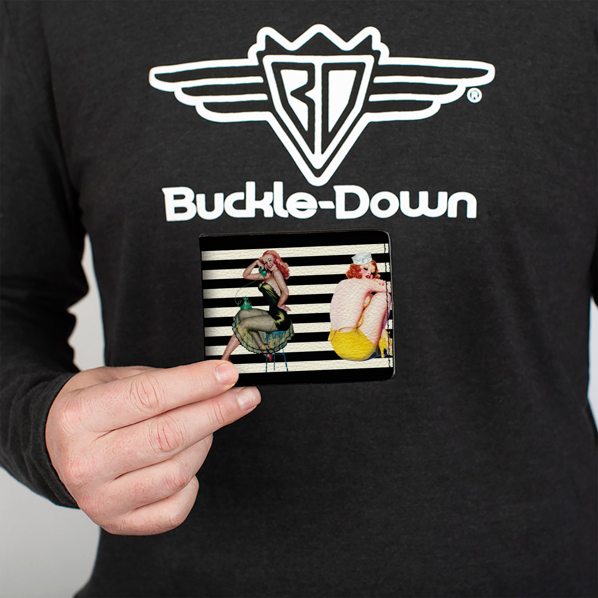 Bi-Fold Wallet - Pin Up Girl Poses Stripe Black White Bi-Fold Wallets Buckle-Down