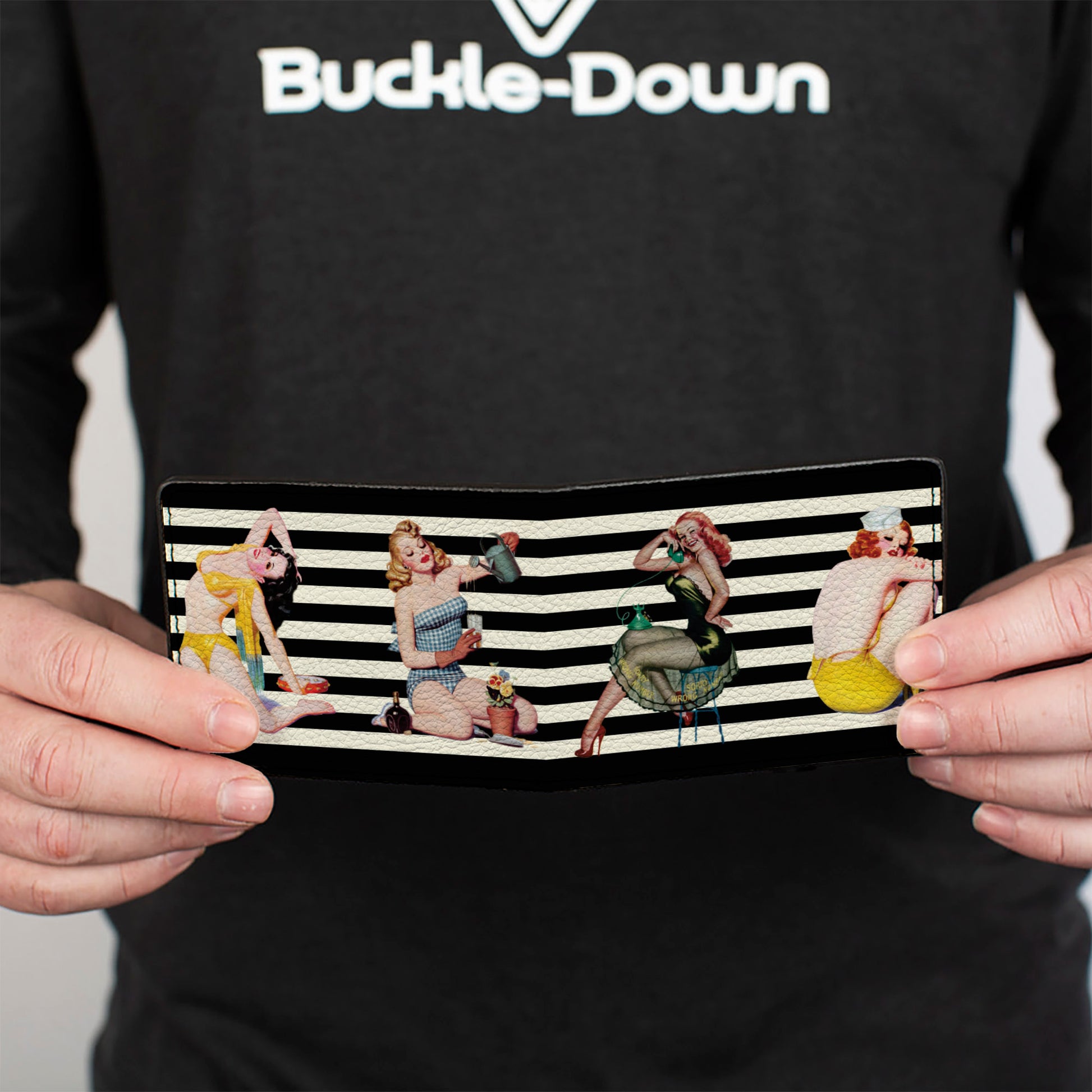 Bi-Fold Wallet - Pin Up Girl Poses Stripe Black White Bi-Fold Wallets Buckle-Down