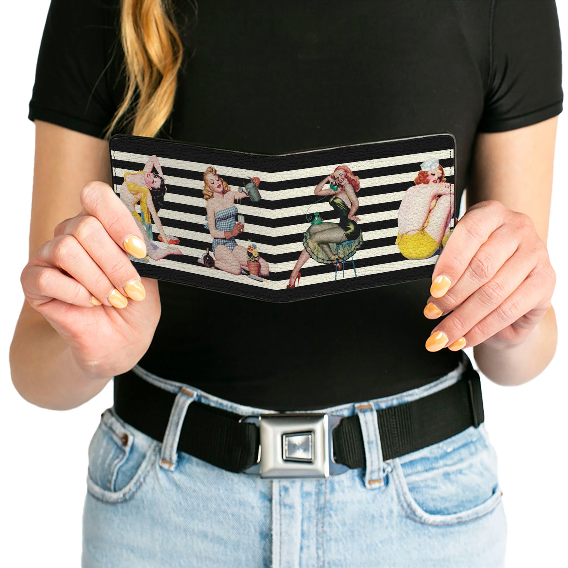 Bi-Fold Wallet - Pin Up Girl Poses Stripe Black White Bi-Fold Wallets Buckle-Down