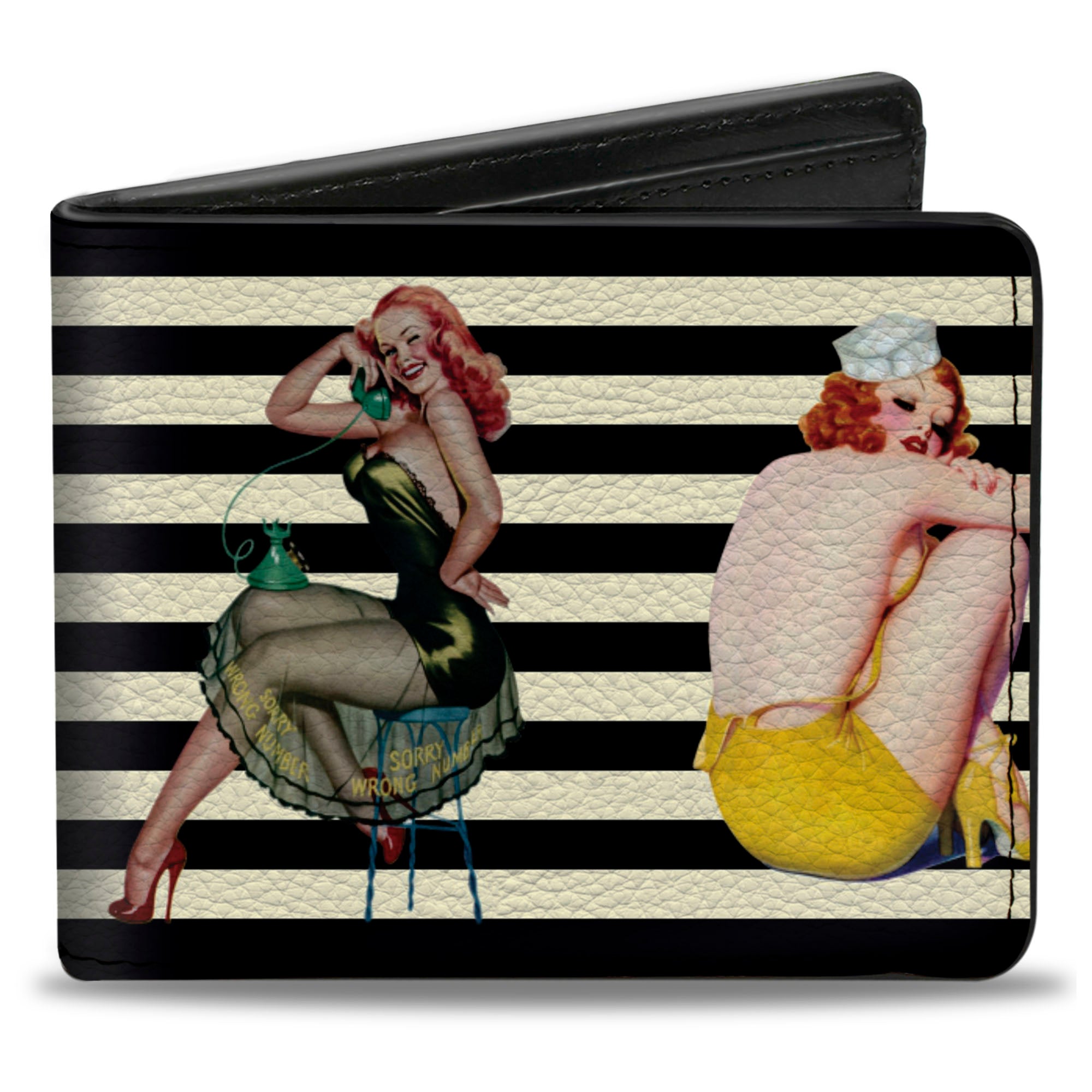 Bi-Fold Wallet - Pin Up Girl Poses Stripe Black White Bi-Fold Wallets Buckle-Down