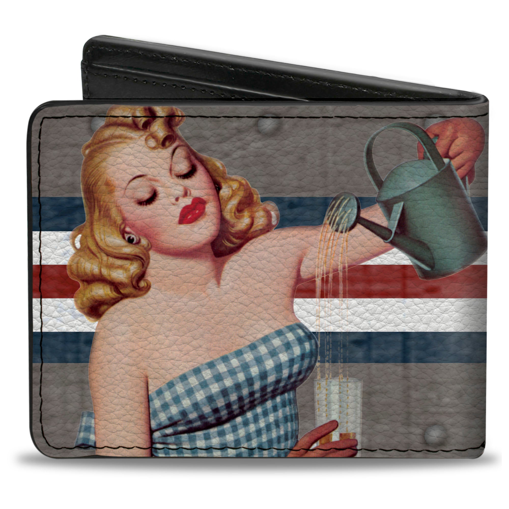 Bi-Fold Wallet - Pin Up Girl Poses CLOSE-UP Star & Stripes Gray Blue White Red Bi-Fold Wallets Buckle-Down