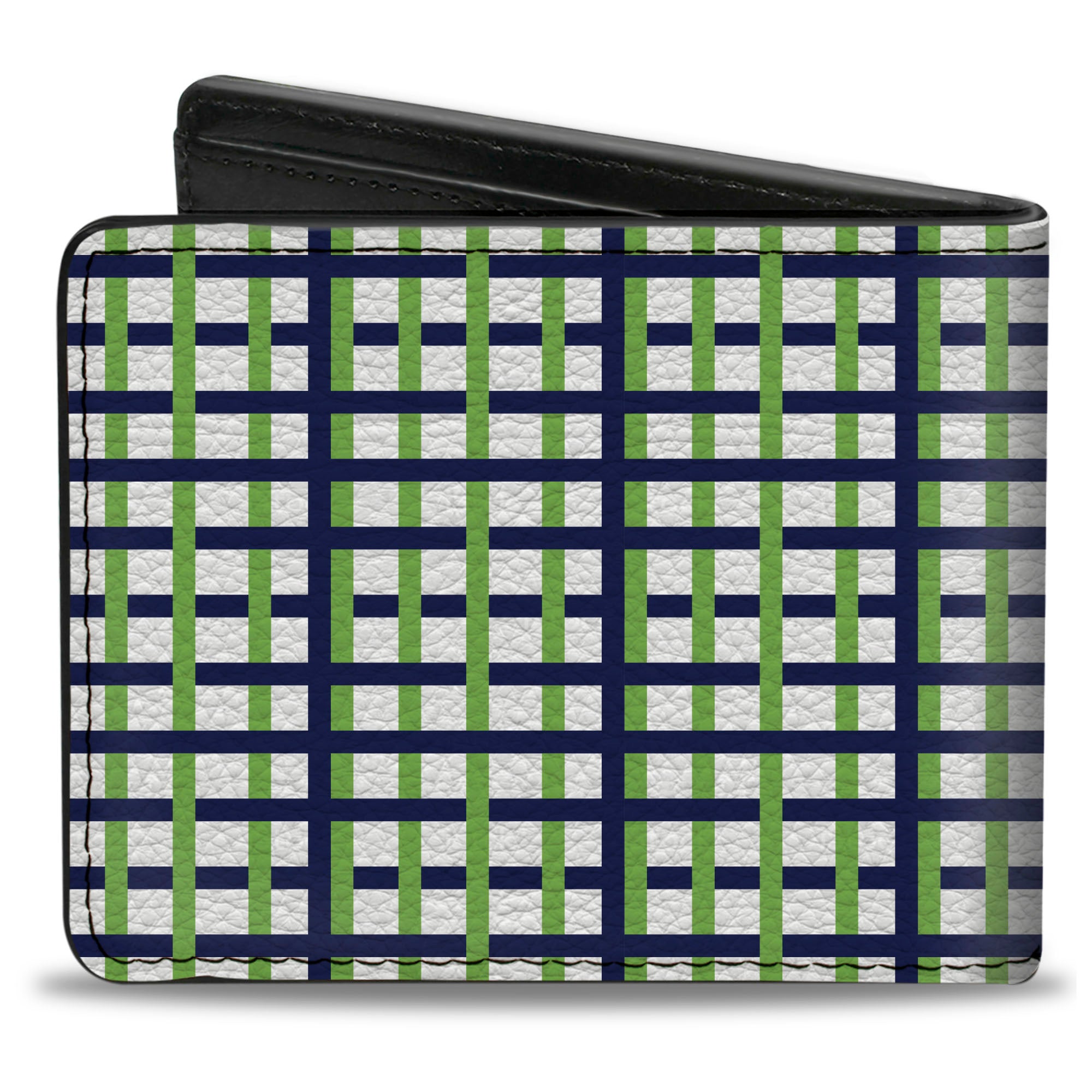 Bi-Fold Wallet - Basketweave Plaid White Navy Bright Green Bi-Fold Wallets Buckle-Down