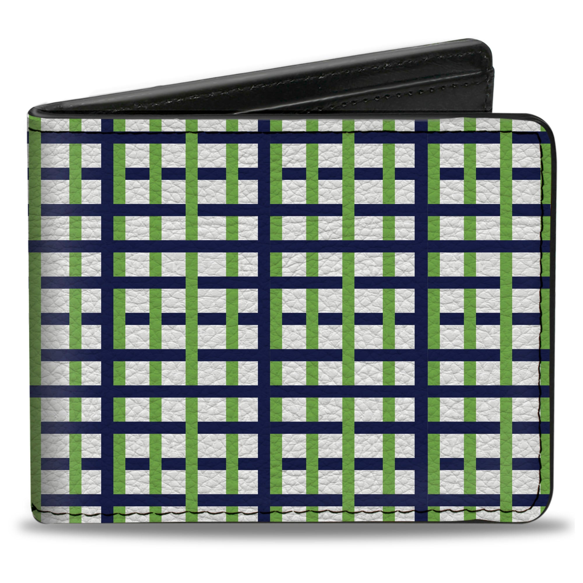 Bi-Fold Wallet - Basketweave Plaid White Navy Bright Green Bi-Fold Wallets Buckle-Down