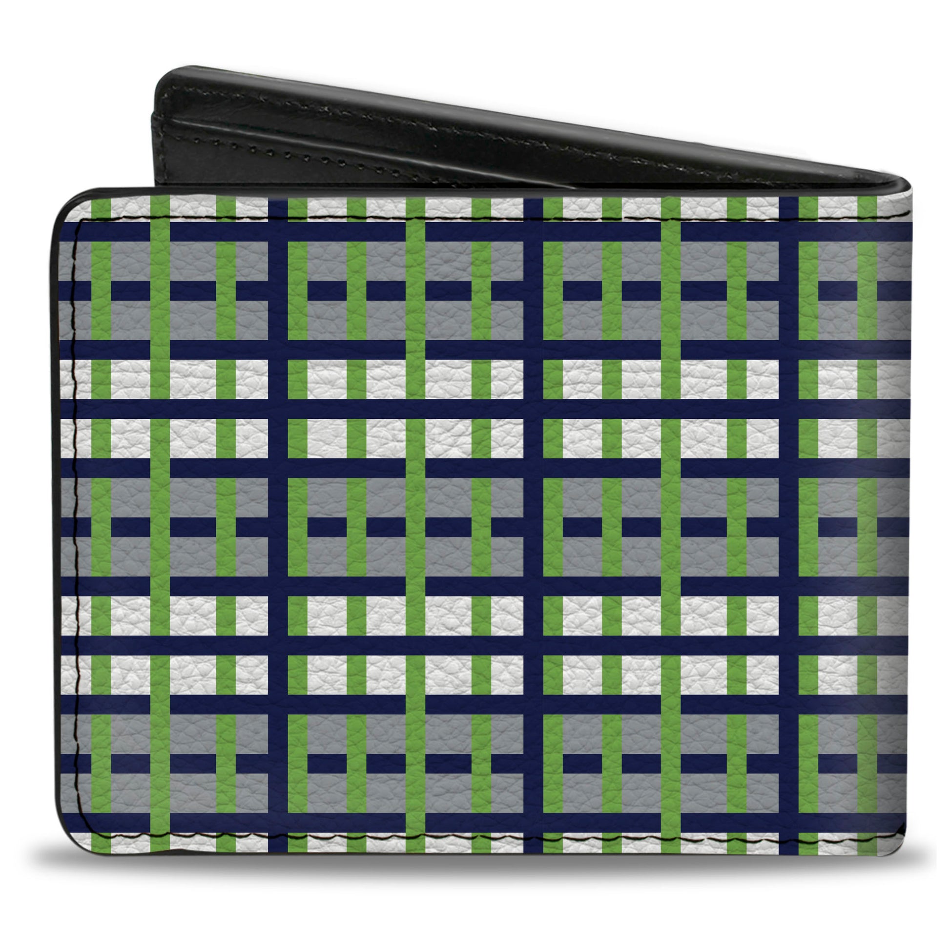 Bi-Fold Wallet - Basketweave Plaid White Silver Navy Bright Green Bi-Fold Wallets Buckle-Down