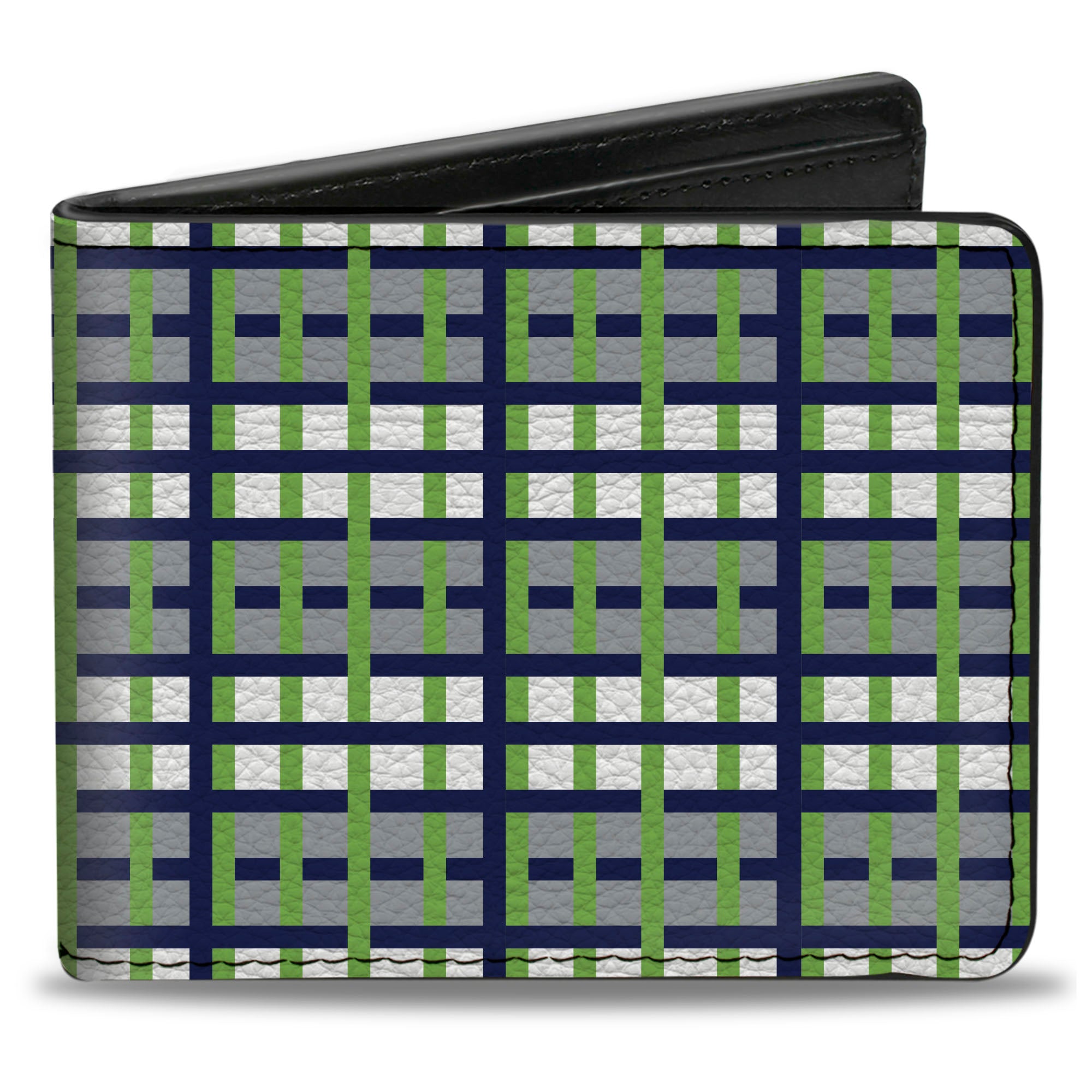 Bi-Fold Wallet - Basketweave Plaid White Silver Navy Bright Green Bi-Fold Wallets Buckle-Down